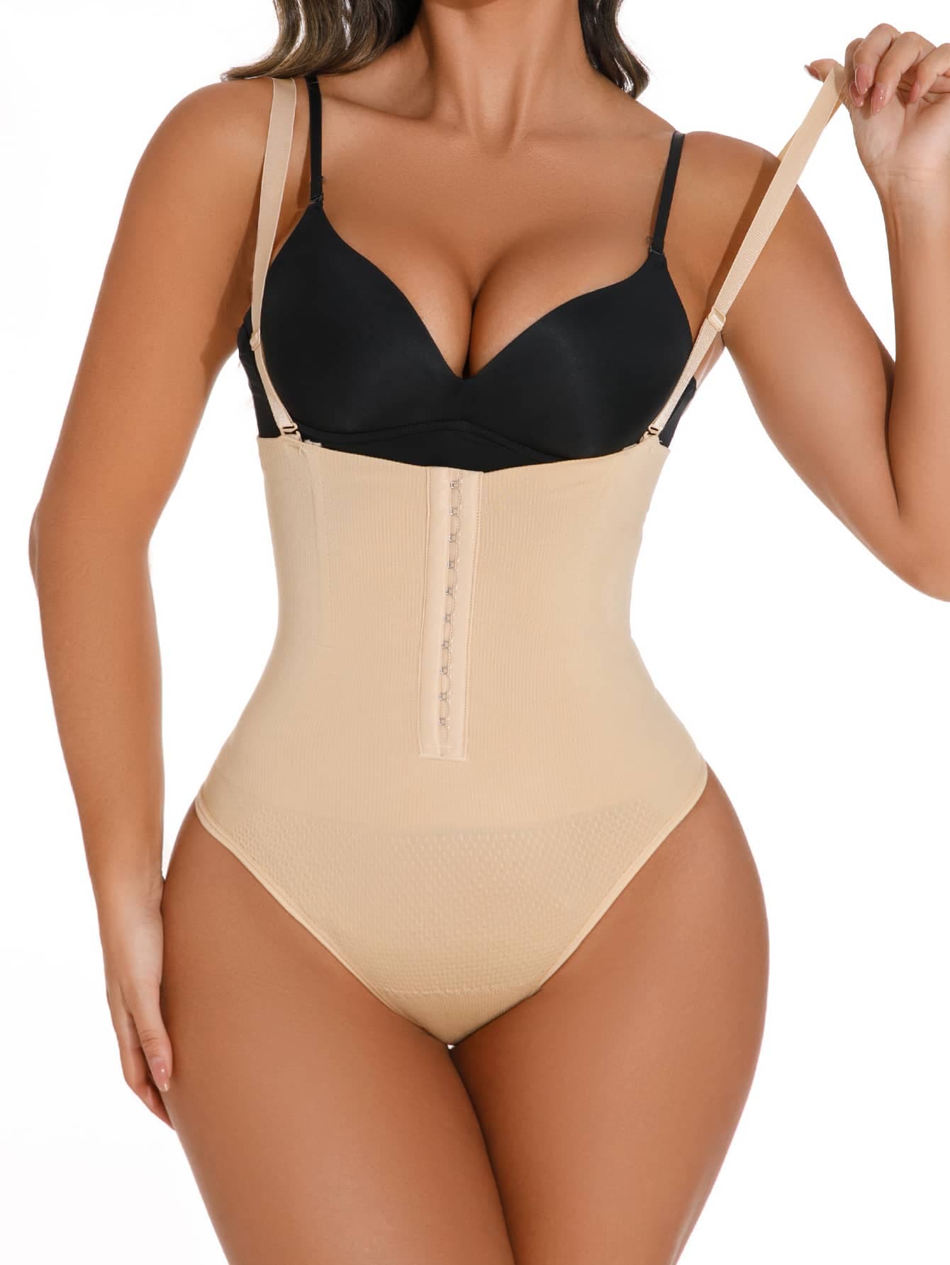 Women's High Stretch Apricot Shapewear Bodysuit With Button Front Detail And Adjustable Straps For Casual Wear