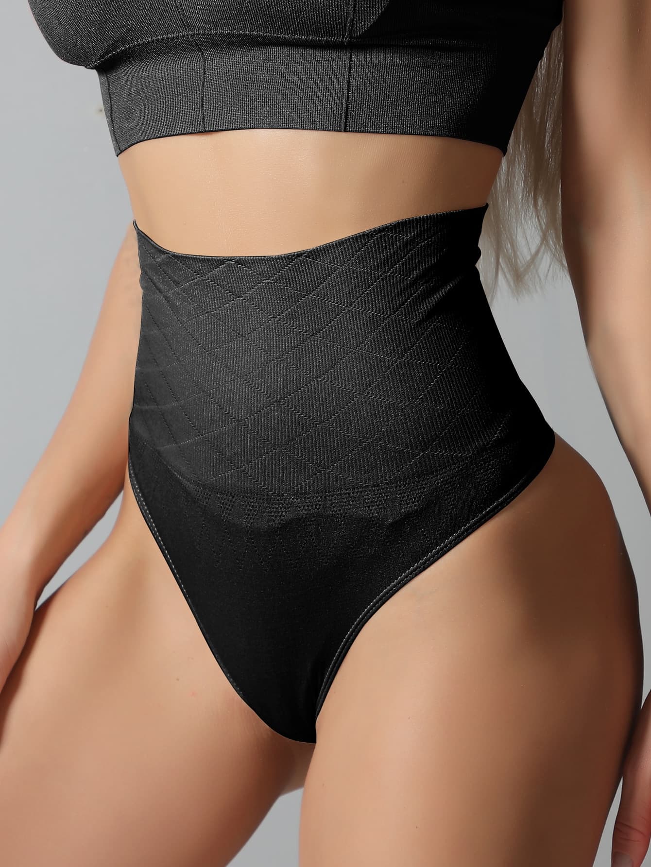 Women's Black High Waisted Thong Shapewear With High Stretch Fabric For Casual Comfort