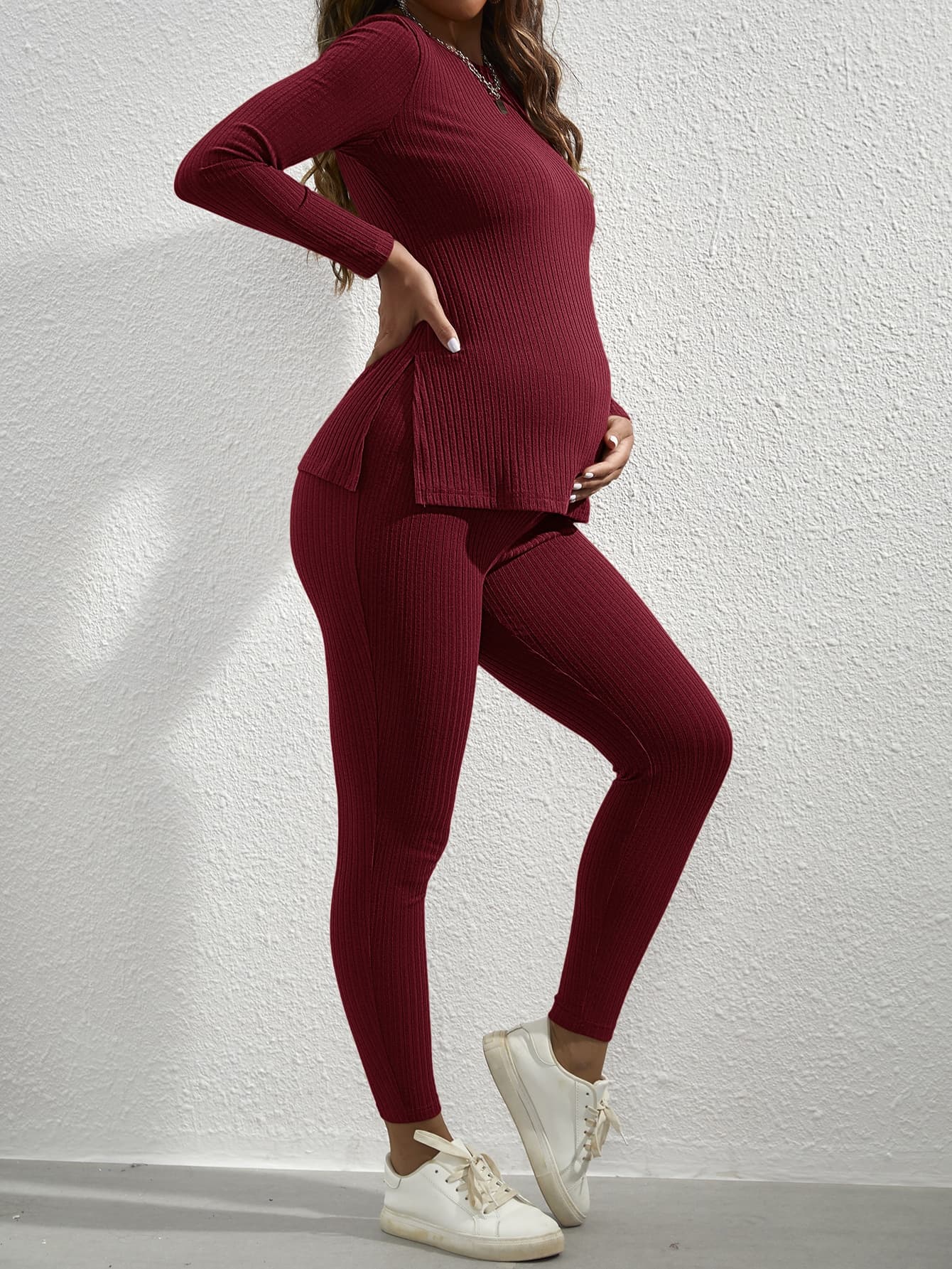 SHEIN Maternity Ribbed Knit Long Sleeve Tee & Adjustable Waist Leggings