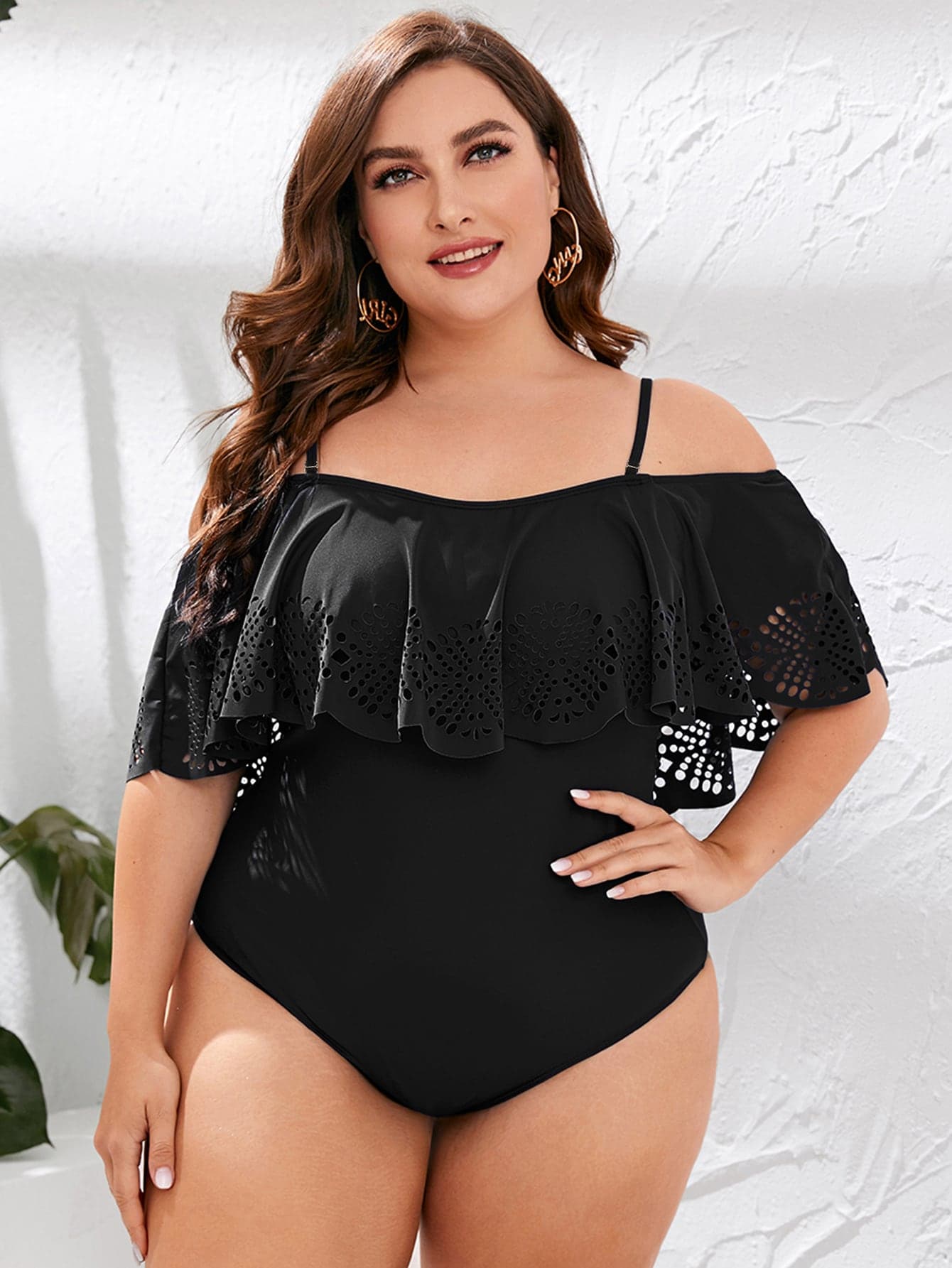Swim Lushoire Summer Beach Plus Ruffle Trim Off The Shoulder One Piece Swimsuit
