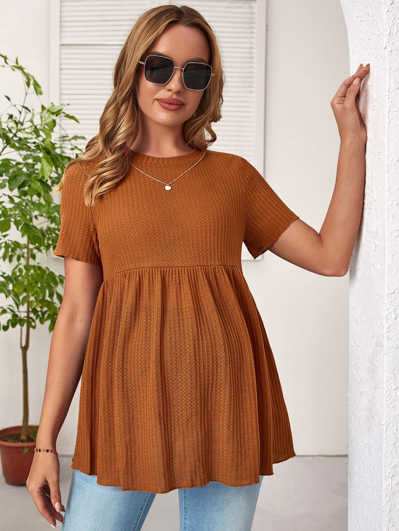 SHEIN Maternity Waffle Knit Ruffle Hem Tee