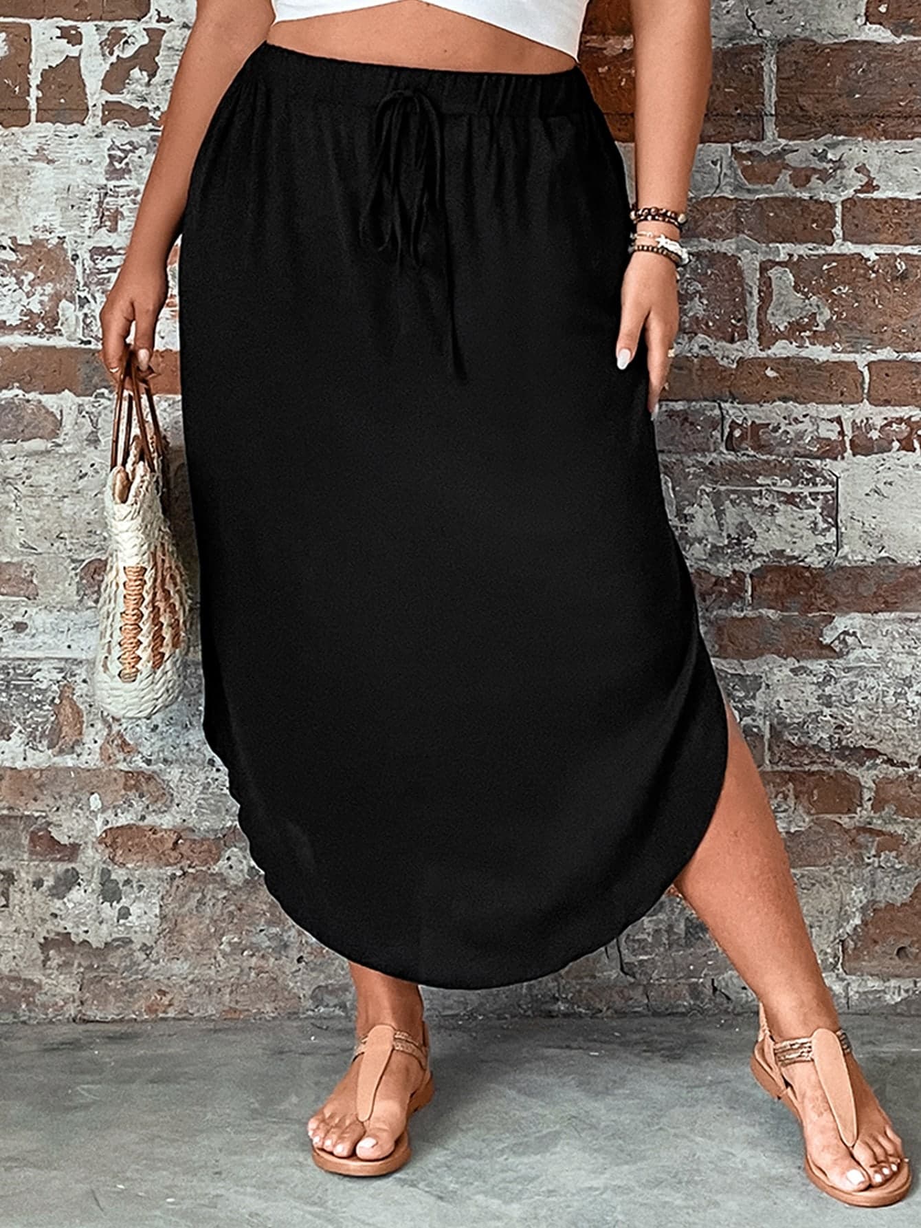 SHEIN LUNE Plus Tie Waist Curved Hem Solid Skirt Fall