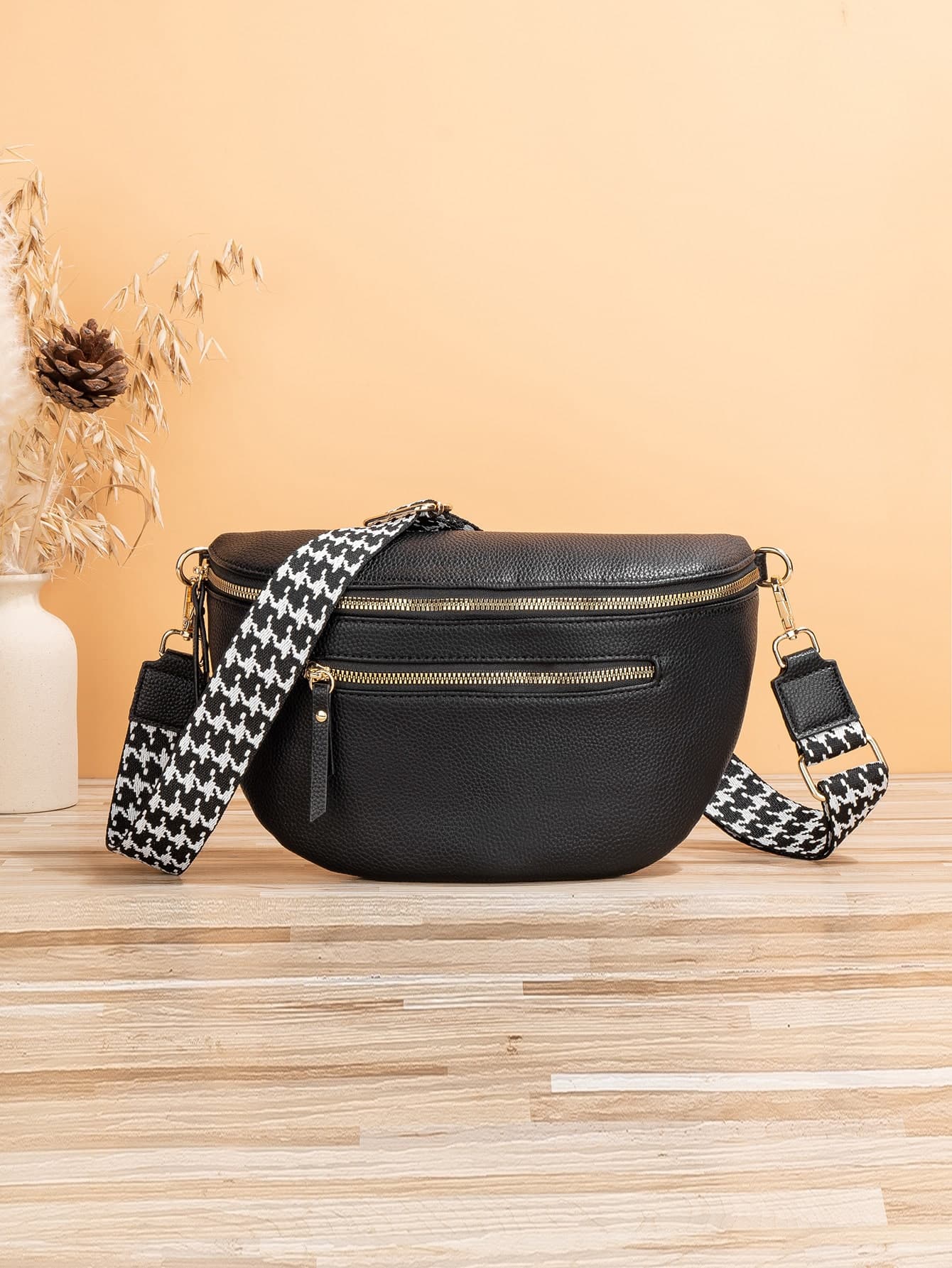 Lightweight,Business Casual Medium Fanny Pack Litchi Embossed Houndstooth Pattern Strap For Daily For Teen Girls Women College Students,Rookies & White-Collar Workers Perfect For Office,College,Work ,Business,Commute,Outdoors, Travel, Outings, Perfect For Horse Riding, Western Purse For Women, Bohemia Style Bag For Women