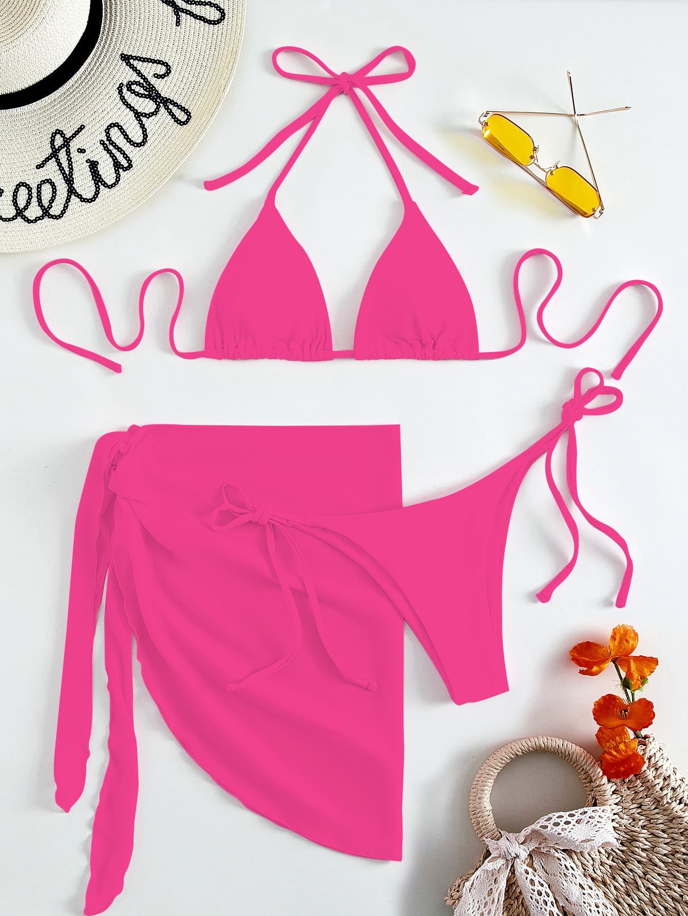 SHEIN Swim Summer Beach Halter Triangle Bikini Set With Beach Skirt