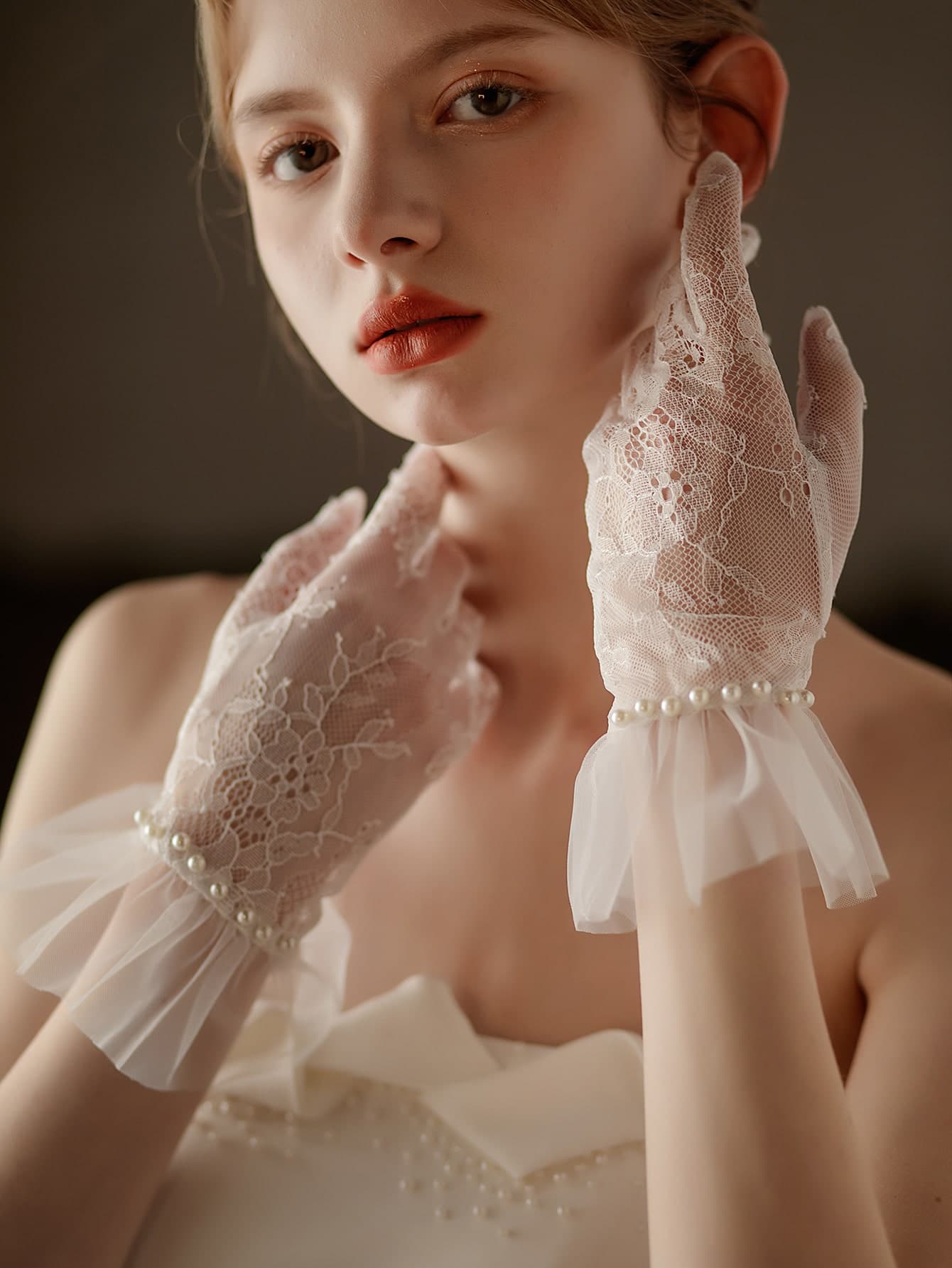 1pair White Faux Pearl Decor Bridal Gloves White Gloves Prom Gloves Dresses For Women Autumn Accessories
