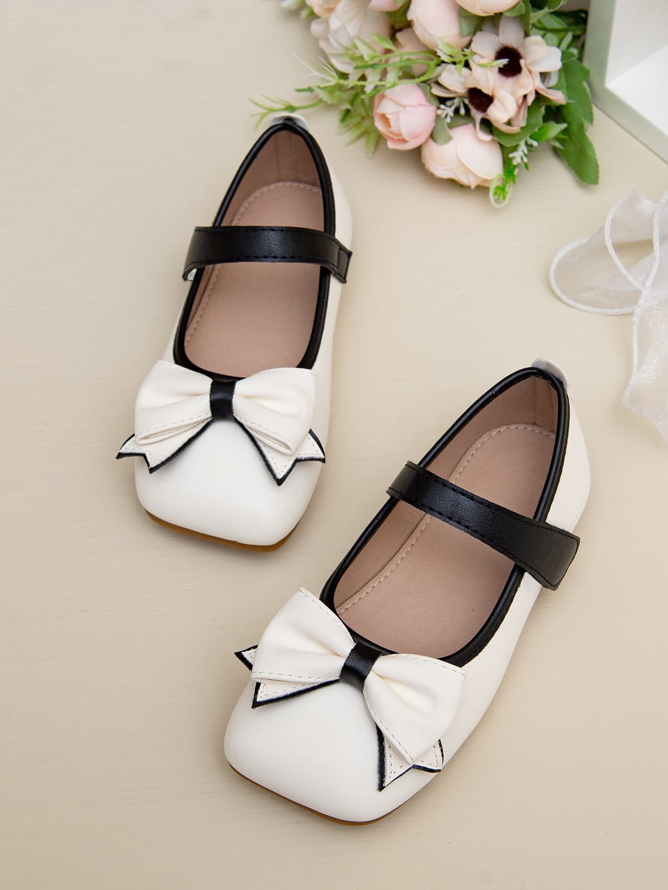 Girls Bow Decor Square Toe Mary Jane Flats, Preppy White Flats