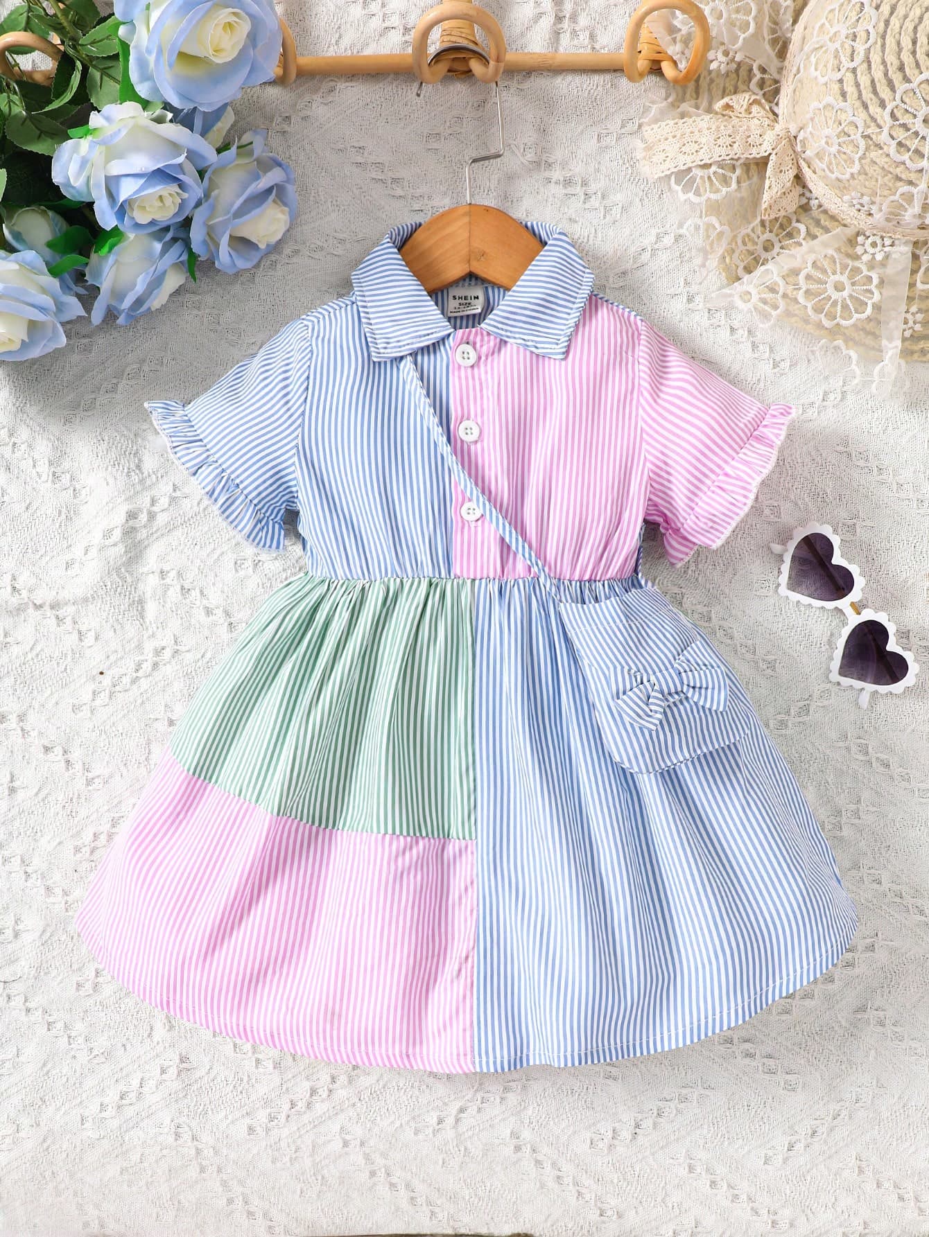 SHEIN Vintaside Kids Baby Girl Striped Print Colorblock Flounce Sleeve Shirt Dress With Accessory Bag