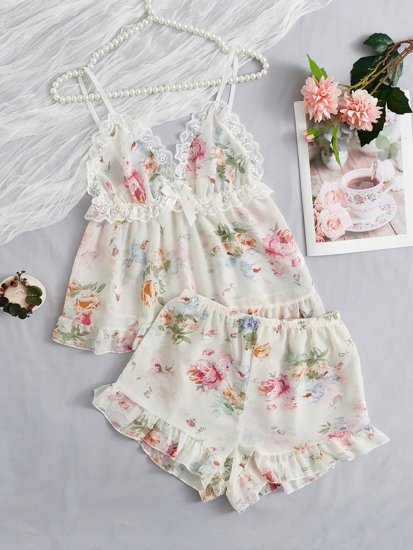 CottageSlumber Floral Print Contrast Lace Bow Front Ruffle Hem PJ Set / Pajama Set