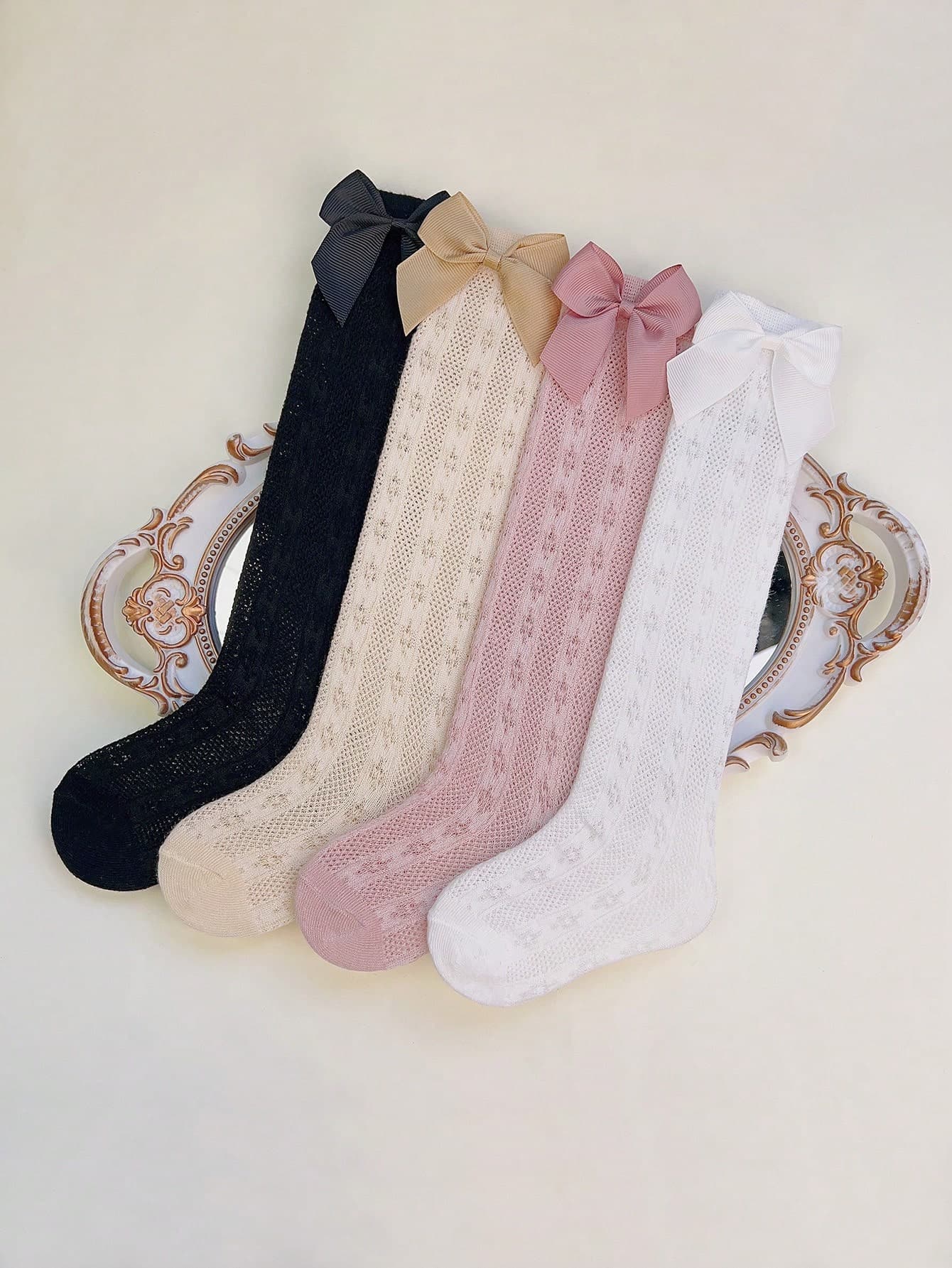4 Pairs Girls' Bow Mesh Socks, Sweet & Cute Girls' Knee High Socks For Spring/Summer