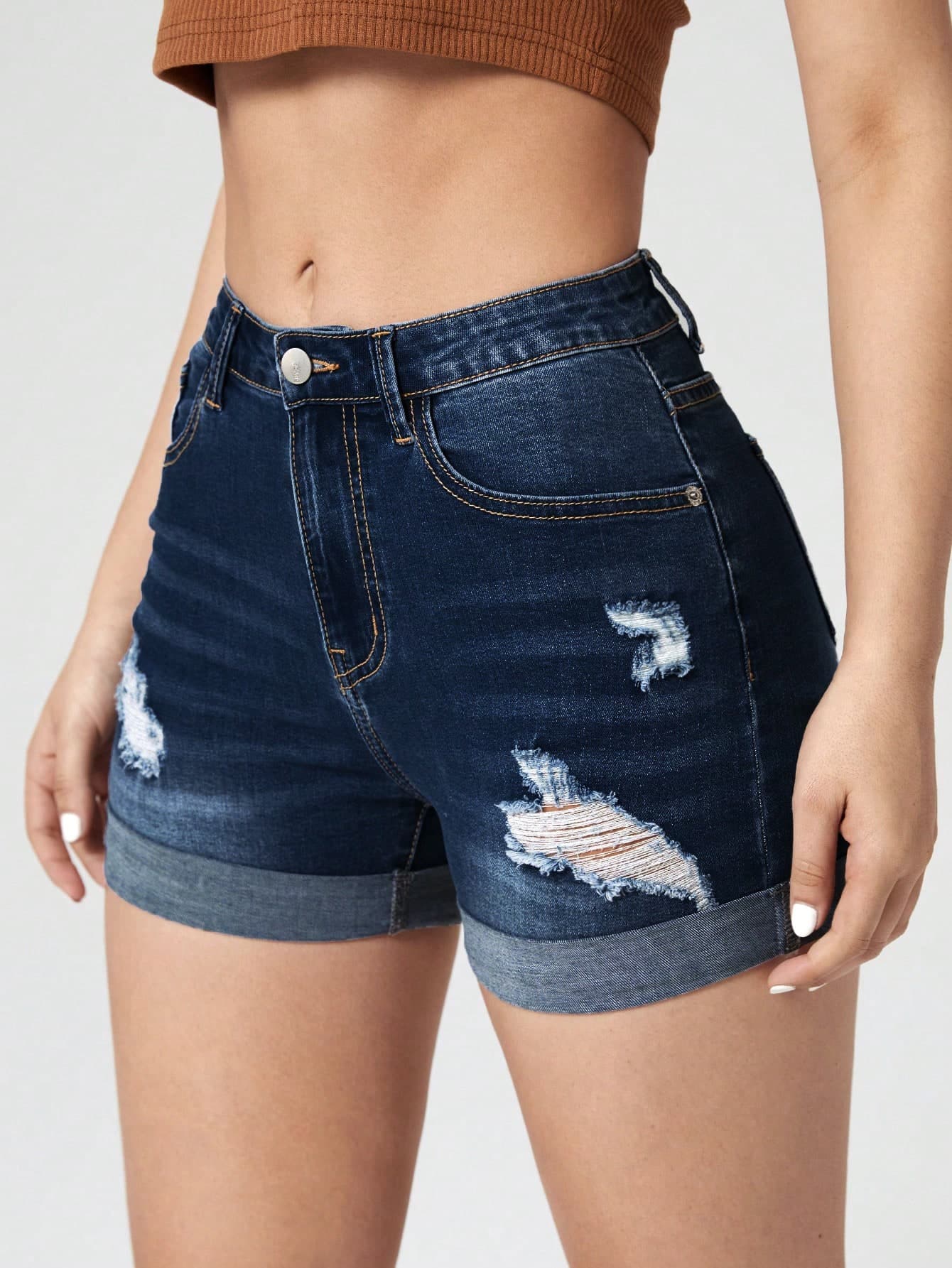 SHEIN ICON Ripped Roll Up Hem Denim Shorts