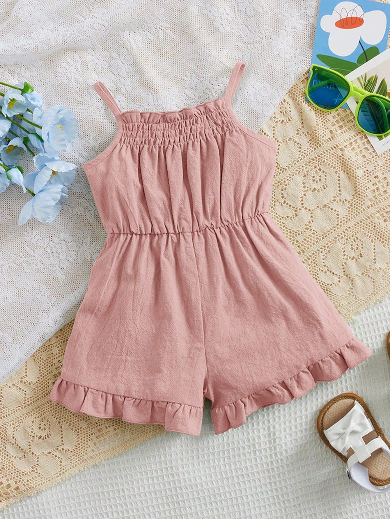 Baby Girl Ruffle Strap Jumpsuit, Comfortable, Cute And Sweet, Suitable For Summer