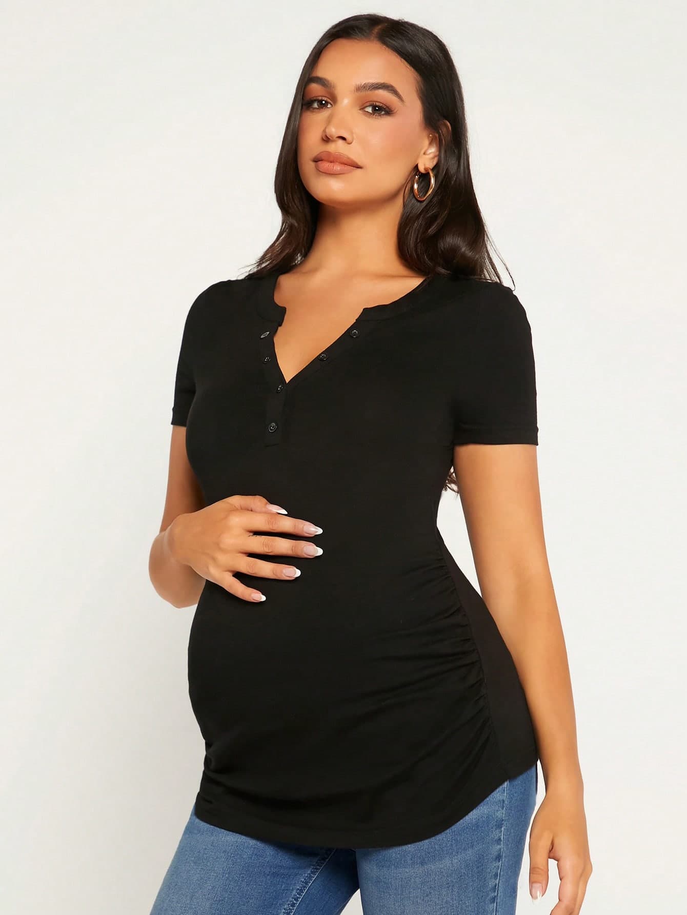 SHEIN Maternity Half Button Placket Ruched Side Tee World Cup