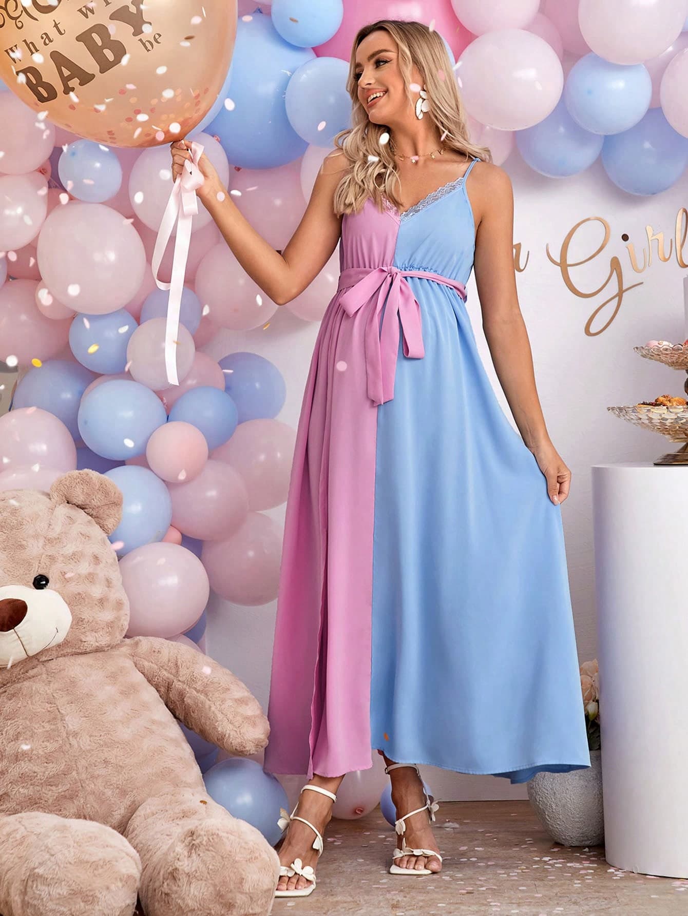 Loomaby Pregnant Women Colorblock Waist Twist Contrast Lace Elegant Cami Dress For Baby Shower, Maternity Dress