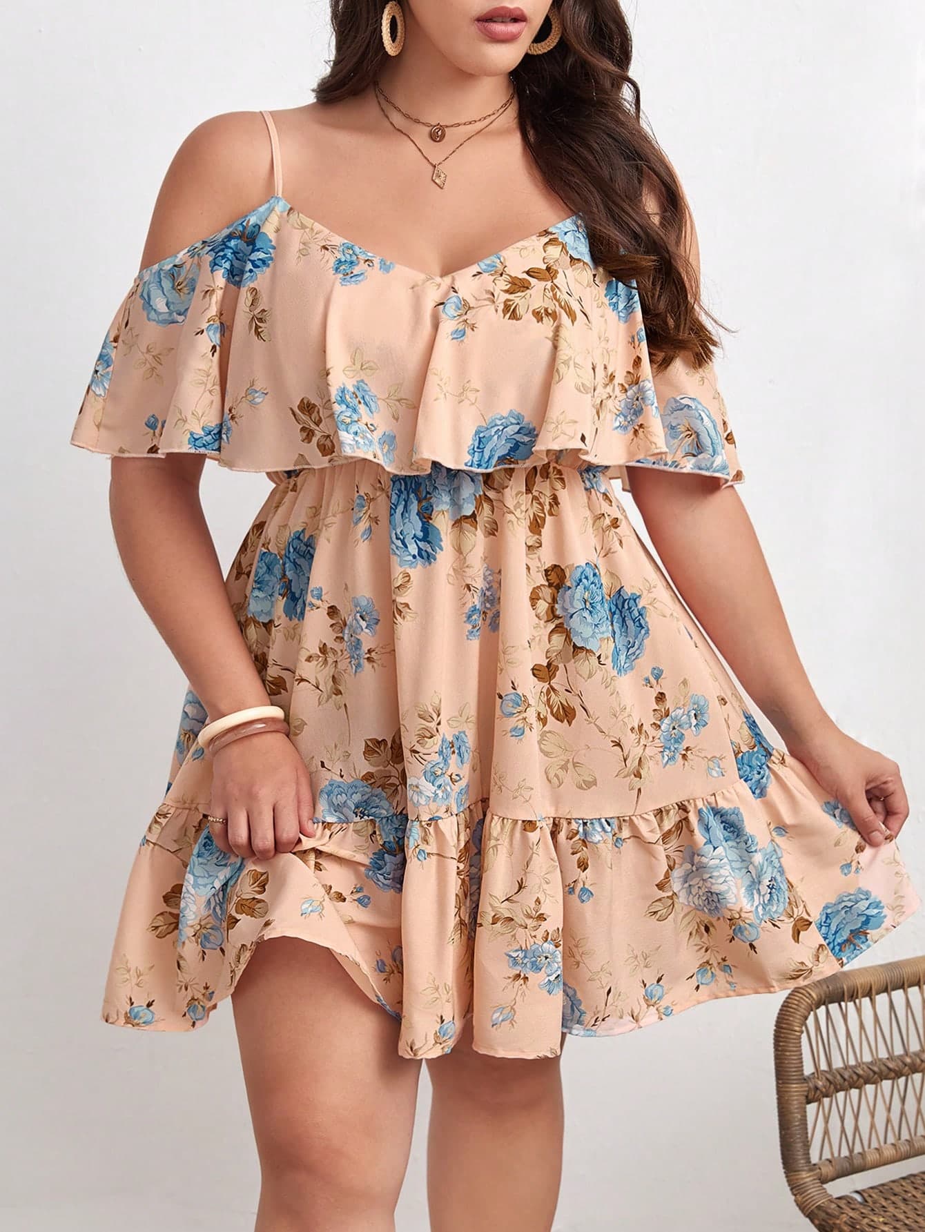 SHEIN VCAY Plus Floral Print Cold Shoulder Ruffle Hem Summer Boho Dress,Beach Dress Sundress,Holiday Outfits