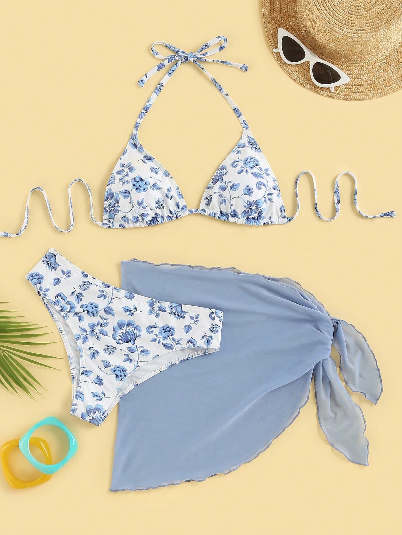Swim Vcay Summer Beach Floral Print Triangle Bikini Set With Beach Skirt