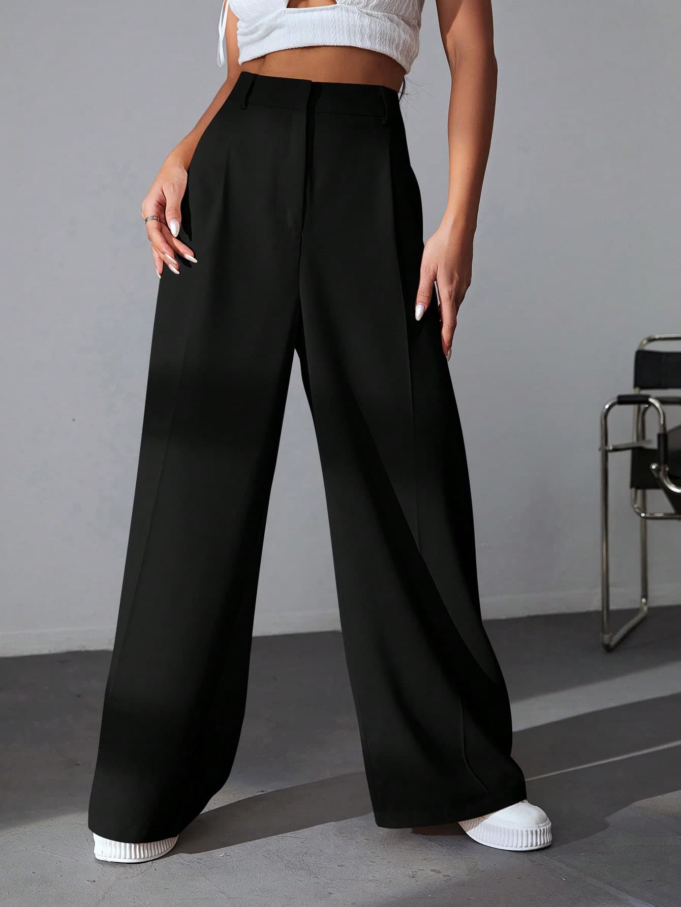SHEIN EZwear Casual Versatile Solid Color High Waisted Wide Leg Pants