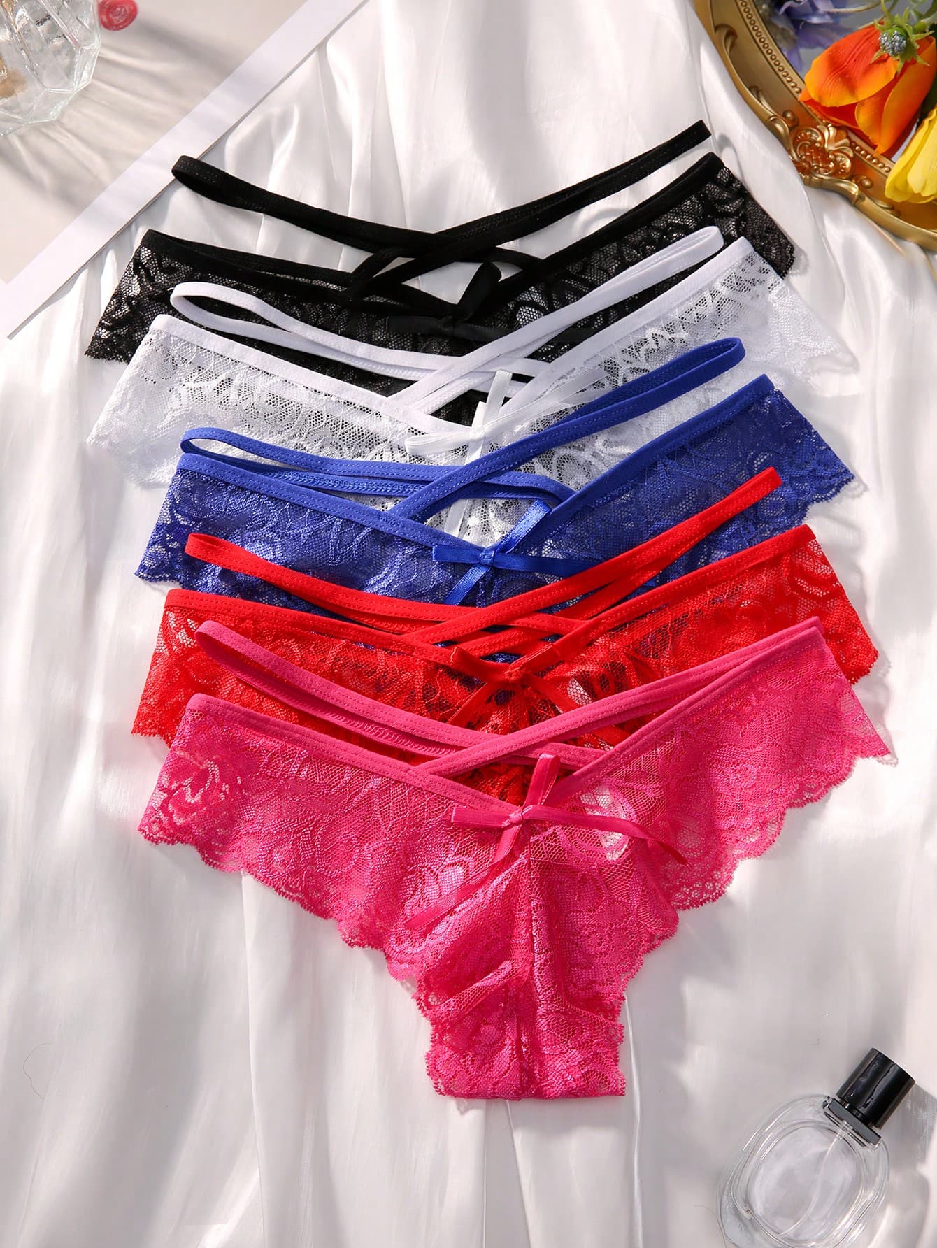 5pack Floral Lace Bow Front Panty Lingerie Bow Tie