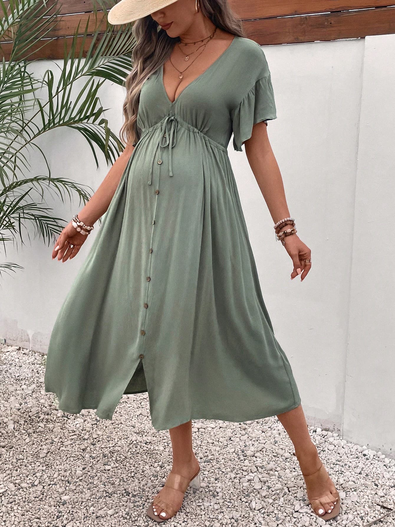 SHEIN Maternity Solid Knot Front Button Detail Dress