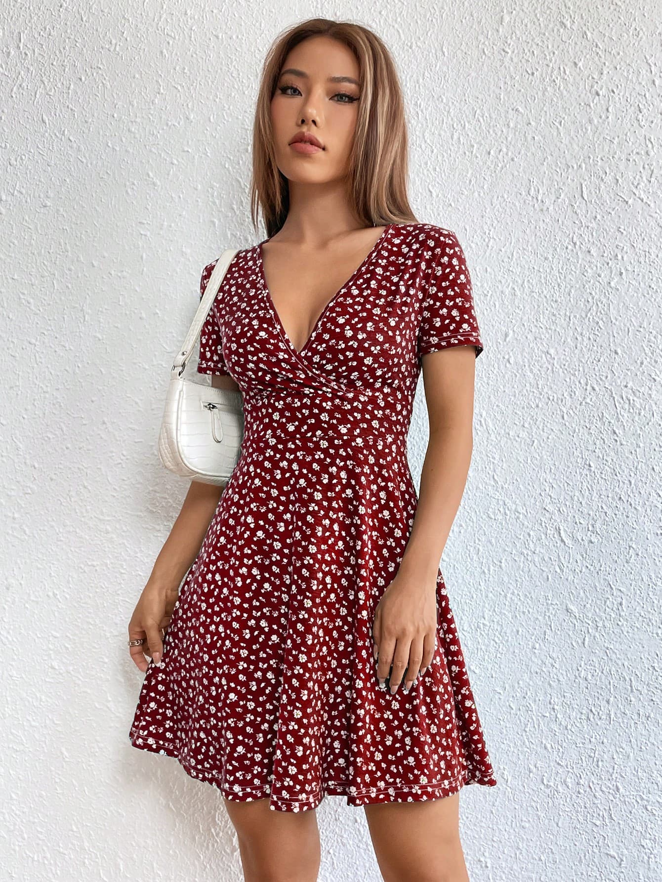 SHEIN EZwear Women Spring/Summer Elegant Wrap Heart Polka Dot Print V-Neck Short Sleeve Dress,Sun Dress
