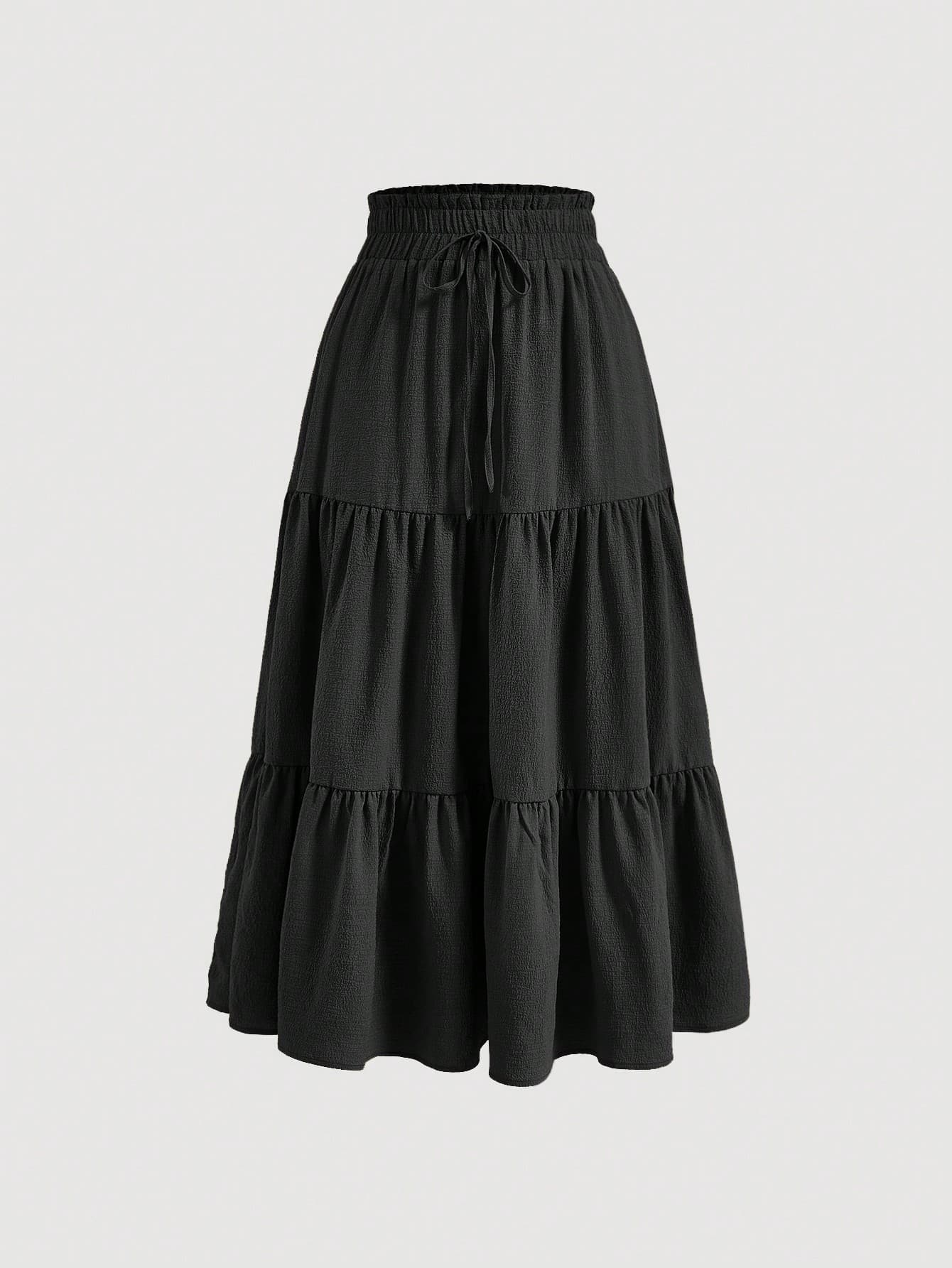 SHEIN MOD Women's Black Summer Casual Vacation Skirt,Solid Drawstring Waist Ruffle Hem,Shirred Long Regular Fit Plain Daily Wear Ladies Knot Skirts