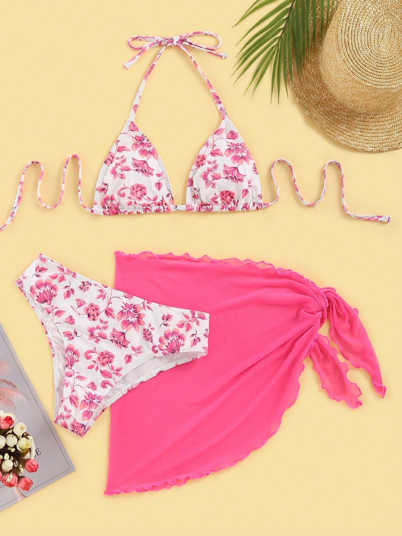 Swim Mod Summer Beach Floral Print Halter Triangle Bikini Set With Beach Skirt