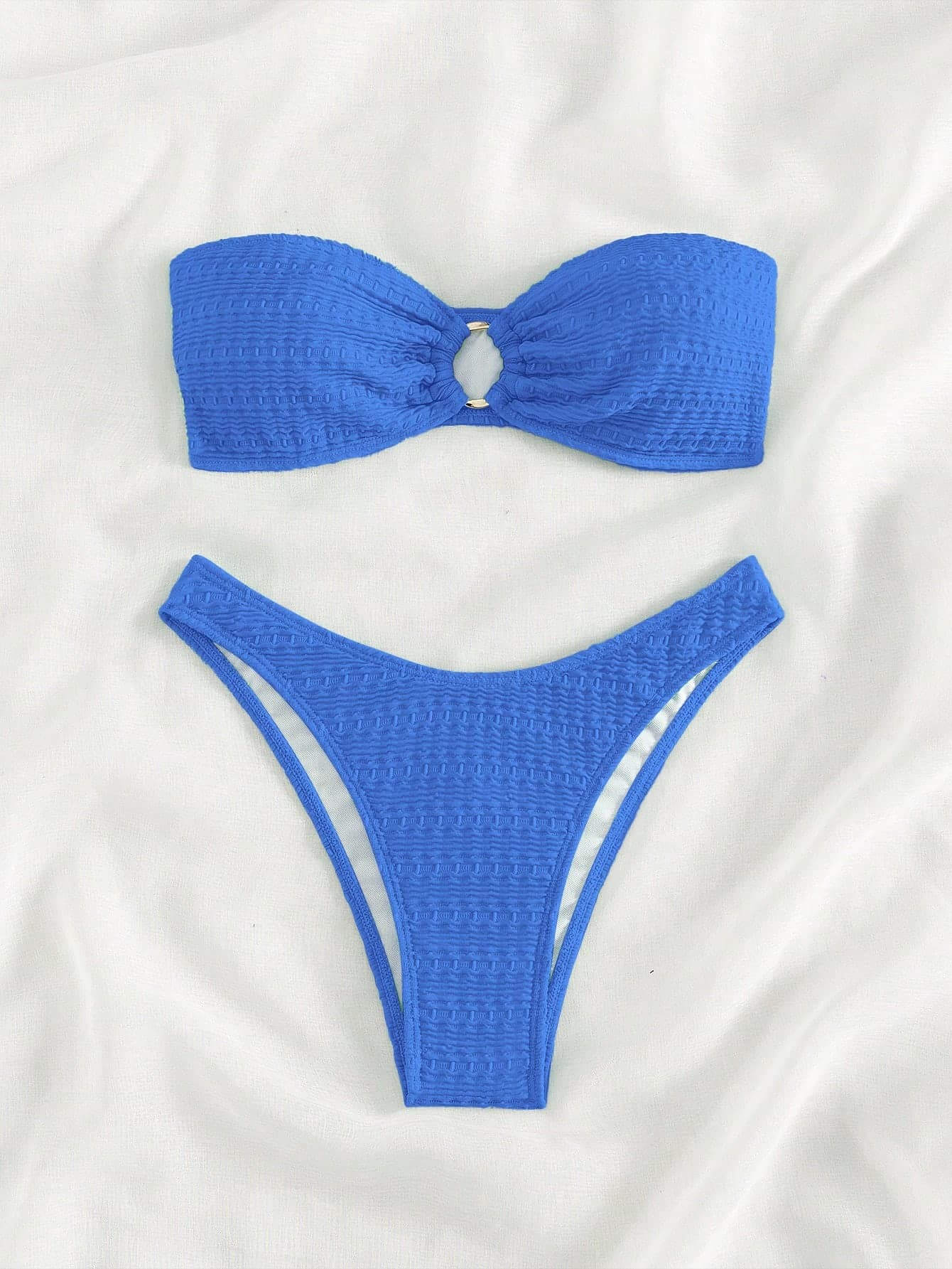 Swim Mod Solid Color Ring Decor Bandeau Bikini Swimsuit