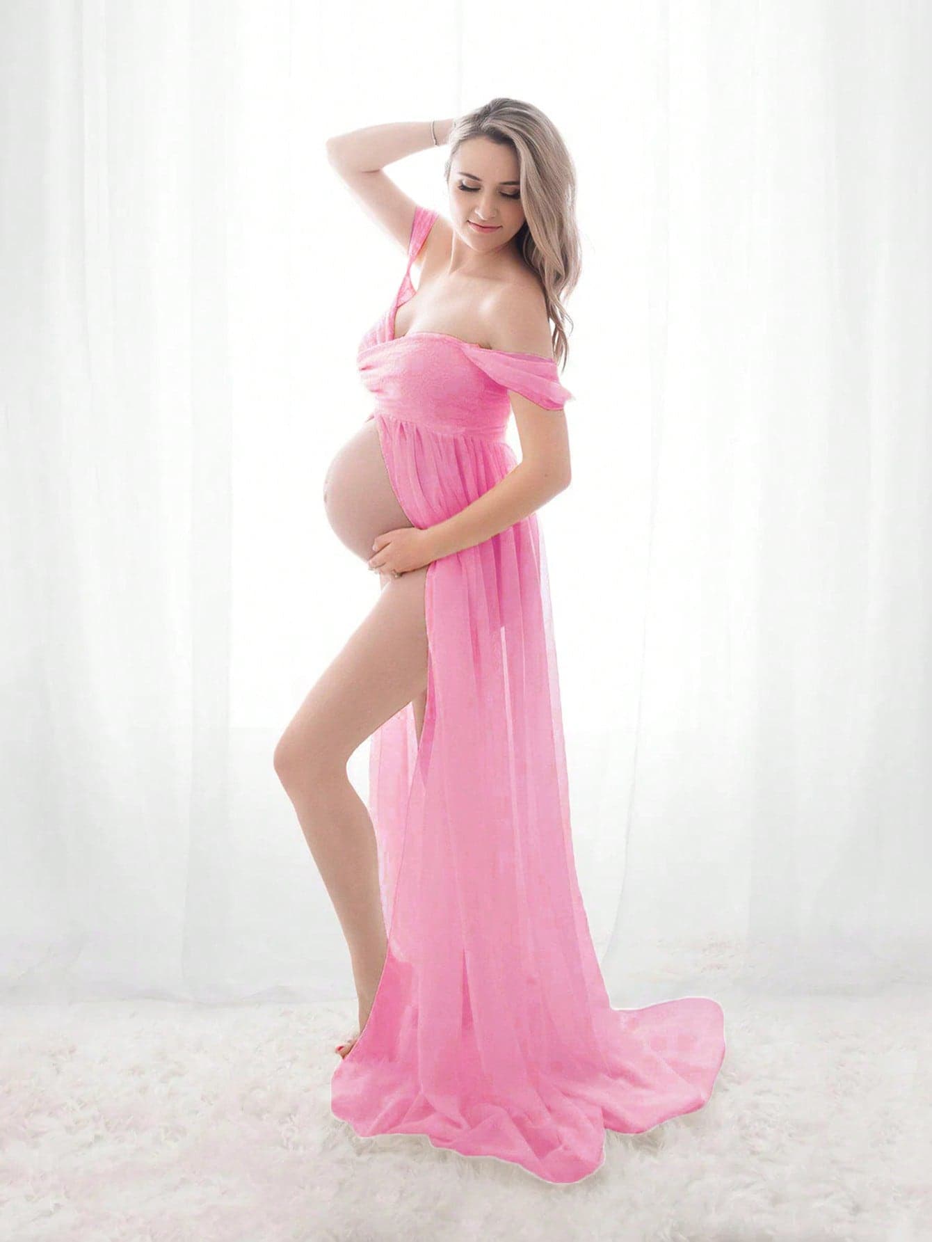 JustVH Maternity Off Shoulder Open Belly Split Front Tulle Lace Chiffon Maxi Photography Dress For Phoot Shoot Short Sleeve Flowy Pregnancy Gown Pink