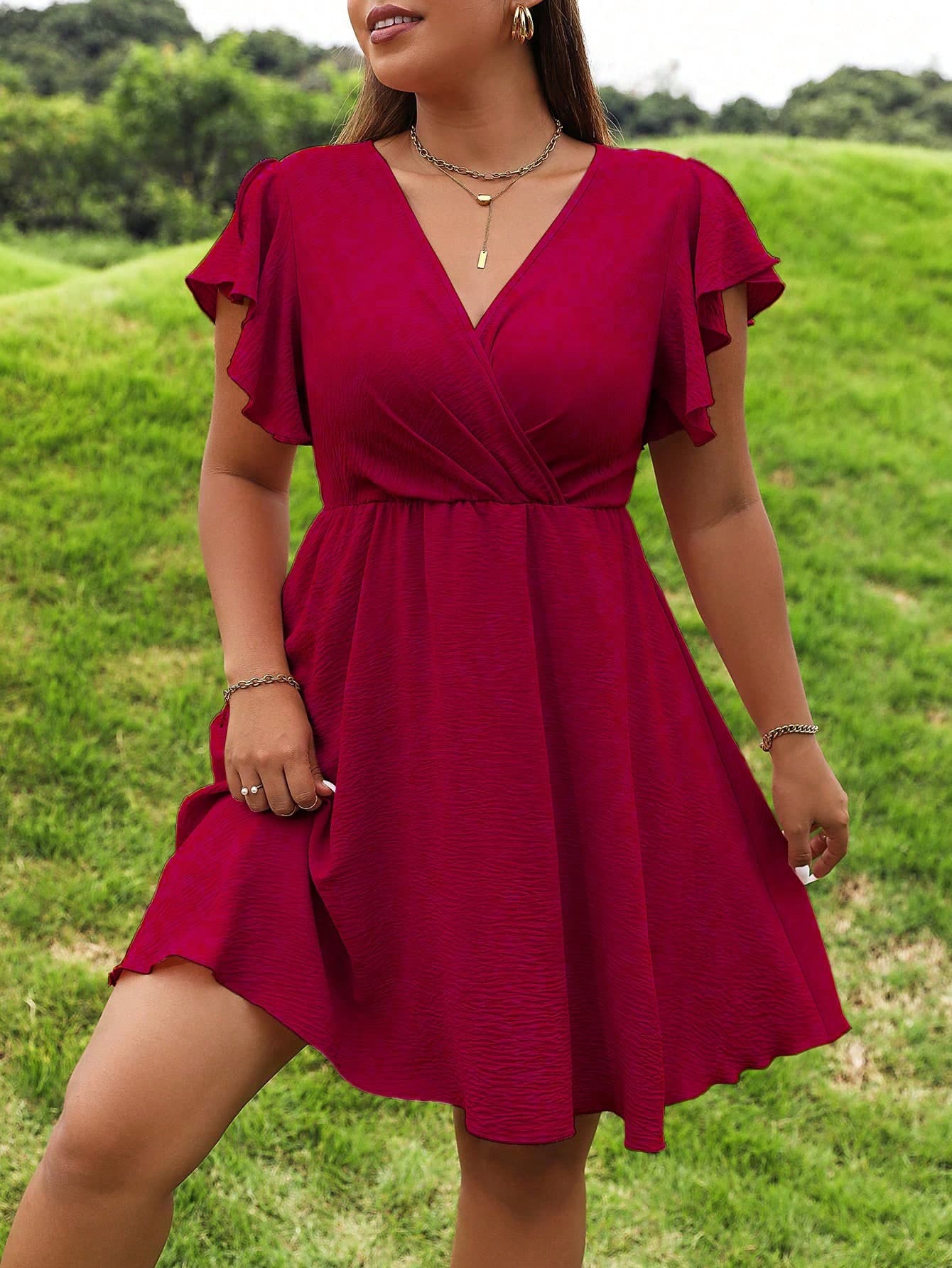 SHEIN LUNE Pure Plus Butterfly Sleeve Wrap Dress, For Christmas Burgundy Color Women Outfit