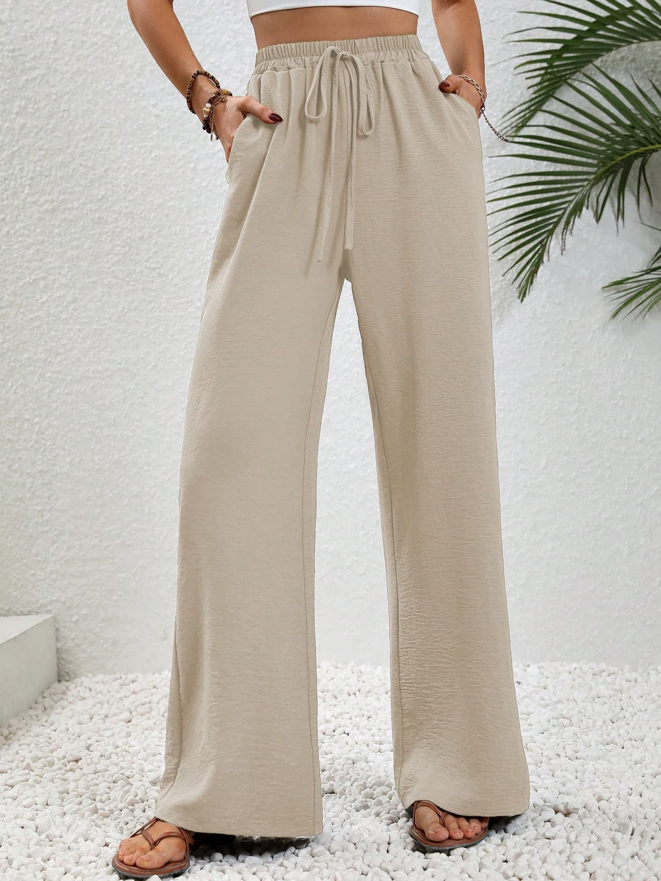 SHEIN LUNE Drawstring Waist Slant Pocket Wide Leg Pants Fall Cloth For Women