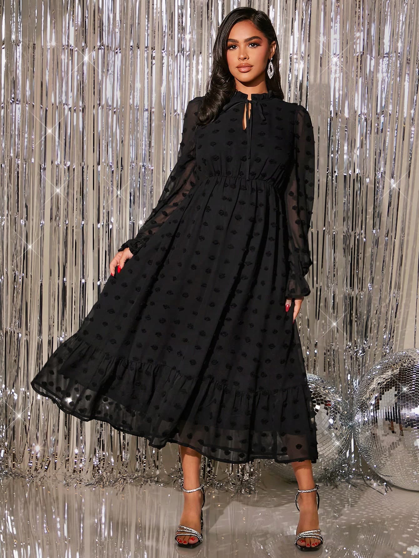 MaterniChic Maternity Swiss Dot Tie Neck Flounce Sleeve Ruffle Hem Dress, For Party Fall
