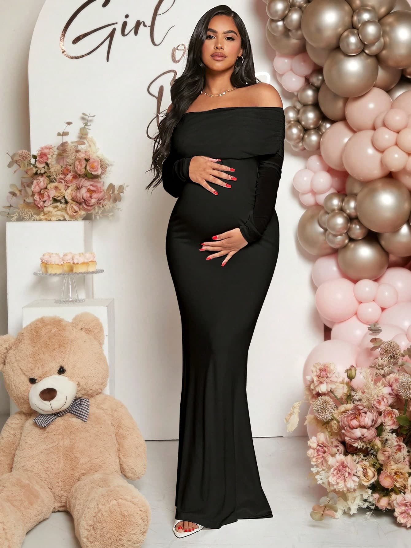 Loomaby Pregnant Women Off-Shoulder Fishtail Baby Shower Long Sleeve Dress For Maternity Fall