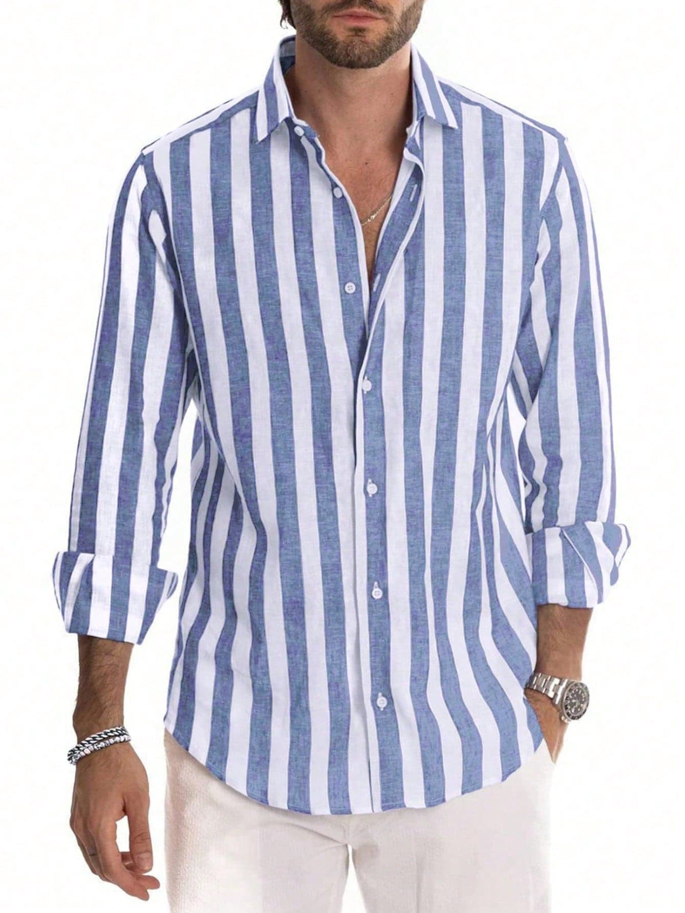 FEIAO Men's Retro Vintage Banknote Striped Casual Long Sleeve Shirt, Versatile Style For All Seasons