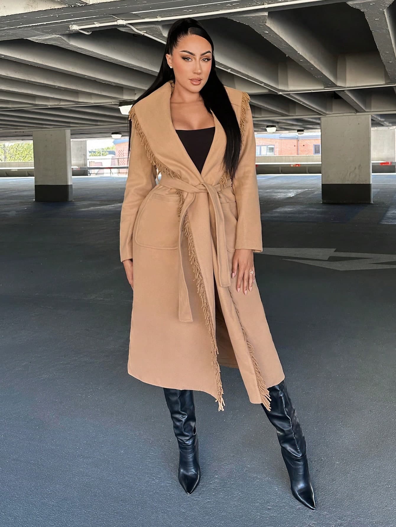 SHEIN SXY Fringe Trim Waterfall Collar Belted Overcoat
