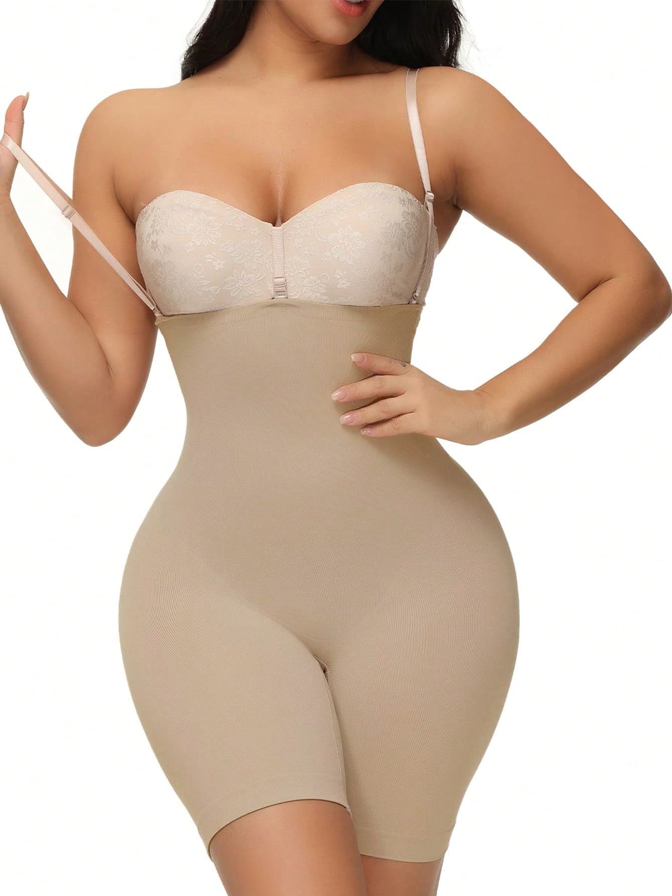 SHEIN Women's High Stretch Beige Casual Comfy Plain Body Slimming Shapewear Shorts