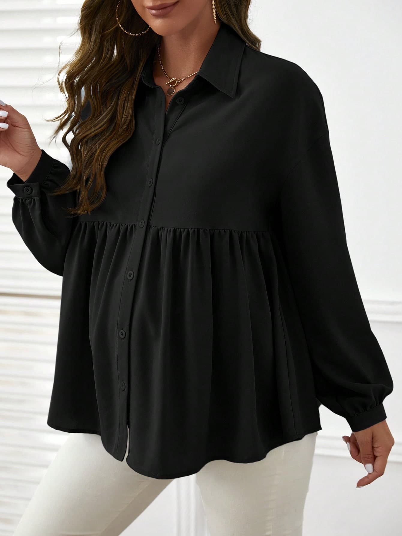 SHEIN Maternity Drop Shoulder Peplum Shirt With Long Sleeve Fall