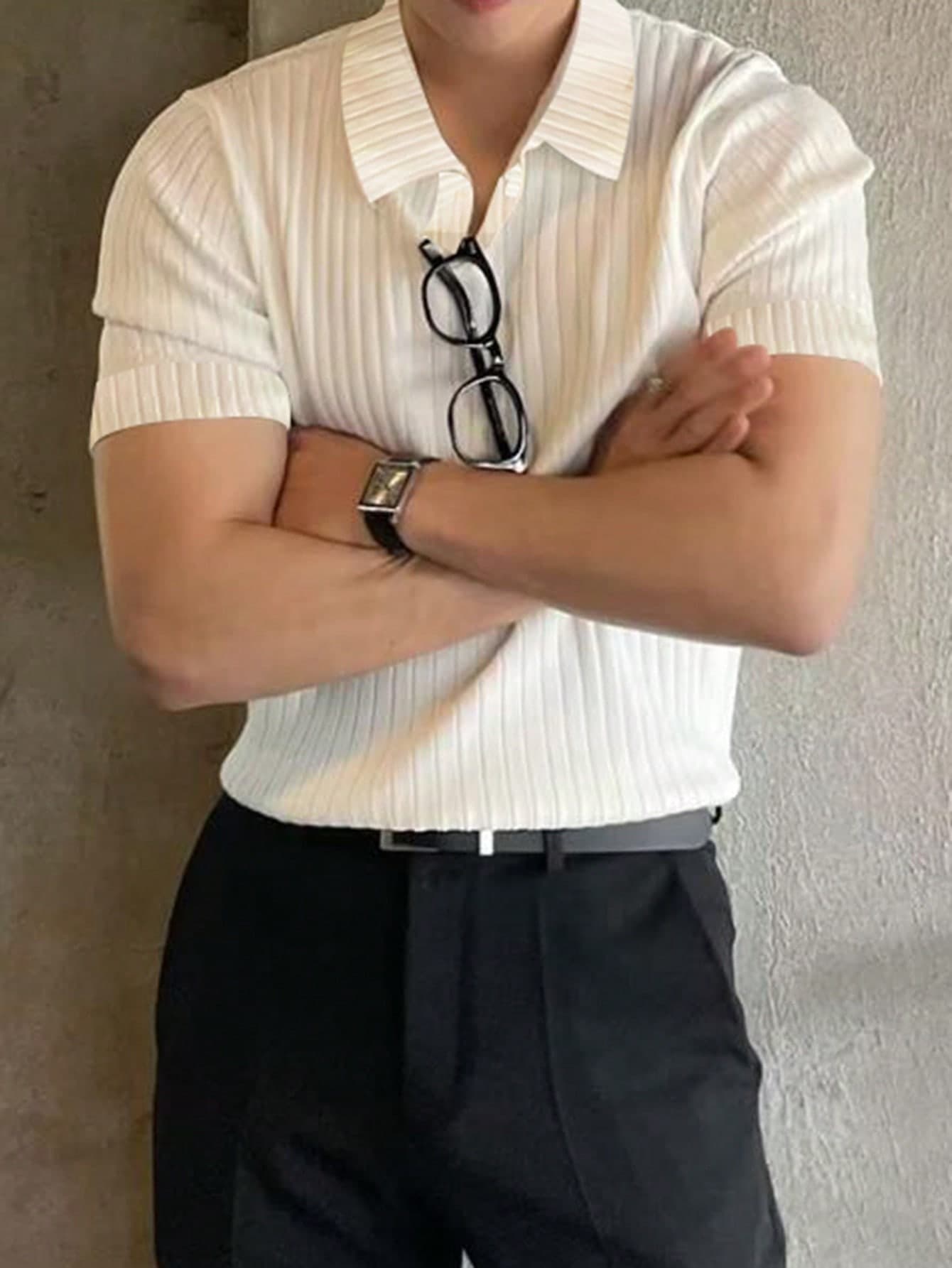 JOLTRO Men Ribbed Knit Button Office Plain Casual Polo Shirt, For Husband, Old Money Style, Formal