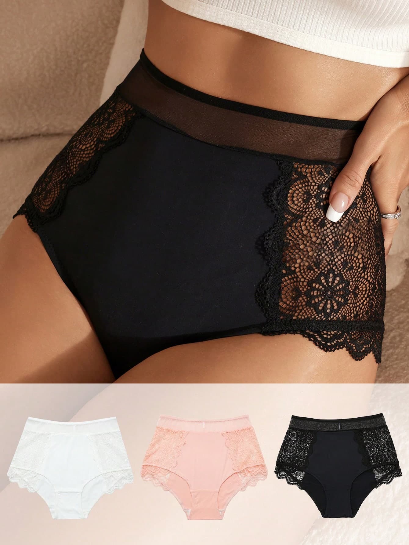 FairyFlirt 3pcs Contrast Lace Scallop Trim Panty Lingerie