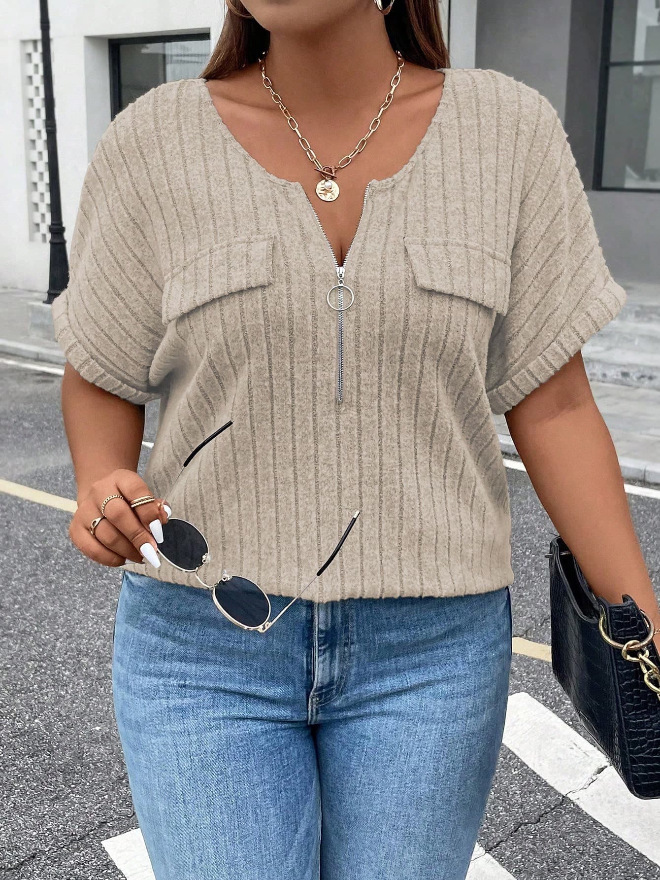 EMERY ROSE Plus Zipper Front Flap Detail Batwing Sleeve Tee