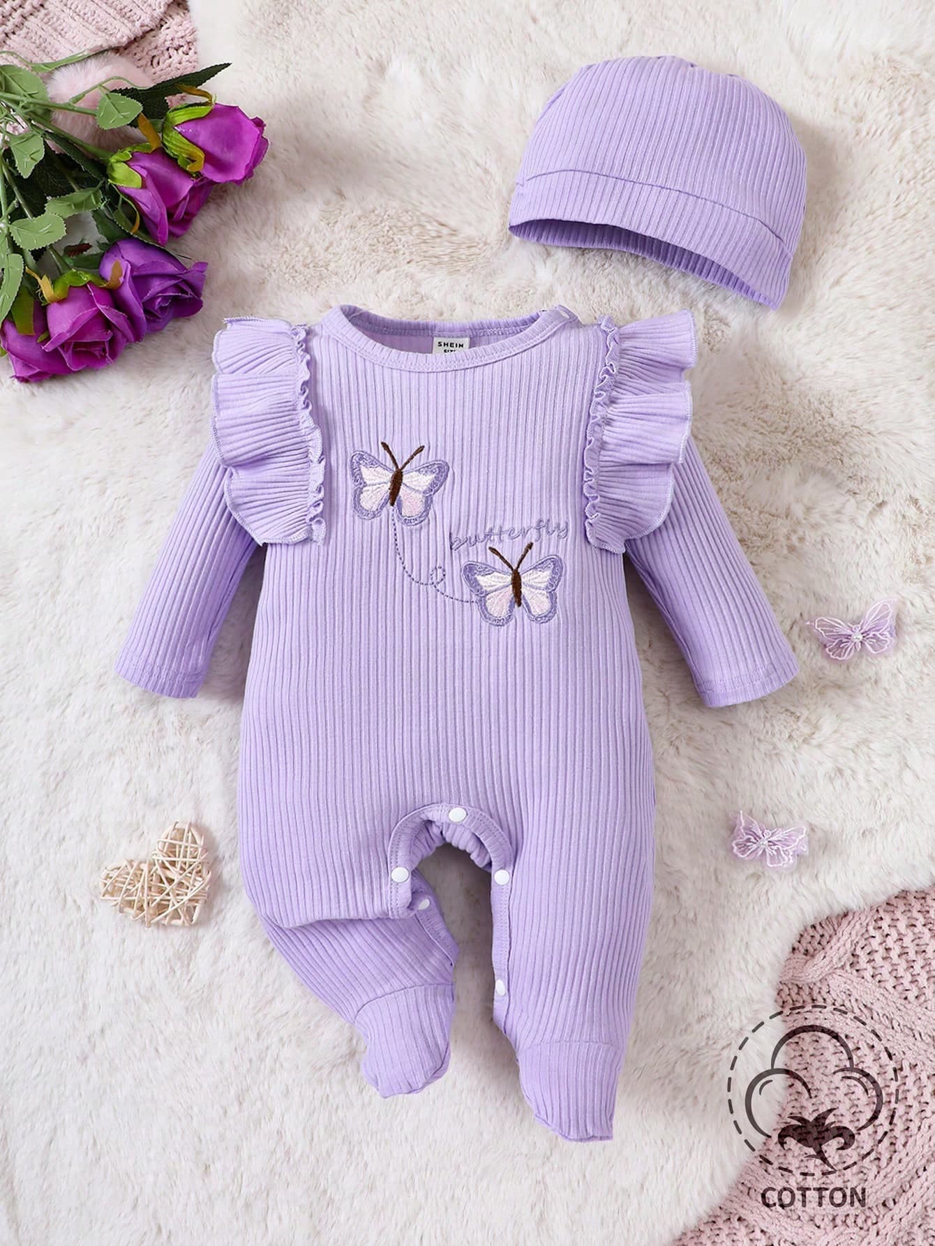 Baby Girl Butterfly Patched Ruffle Trim Footed PJ Set & Hat Holiday Travel Releax Summer Clothes Cotton