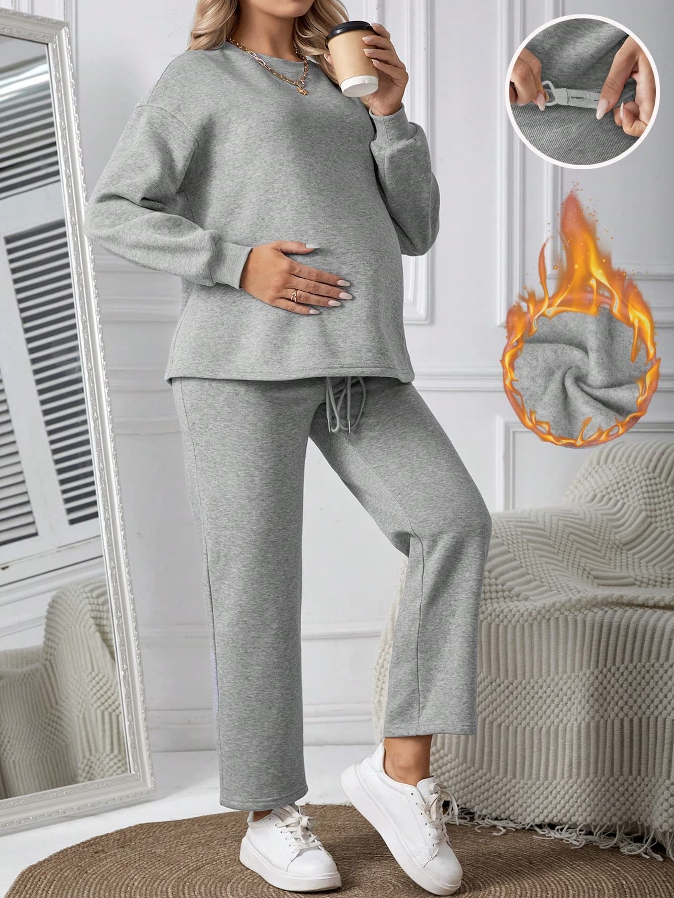 SHEIN Maternity Drop Shoulder Top And Adjustable Drawstring Waist Pants Two-pieces Set