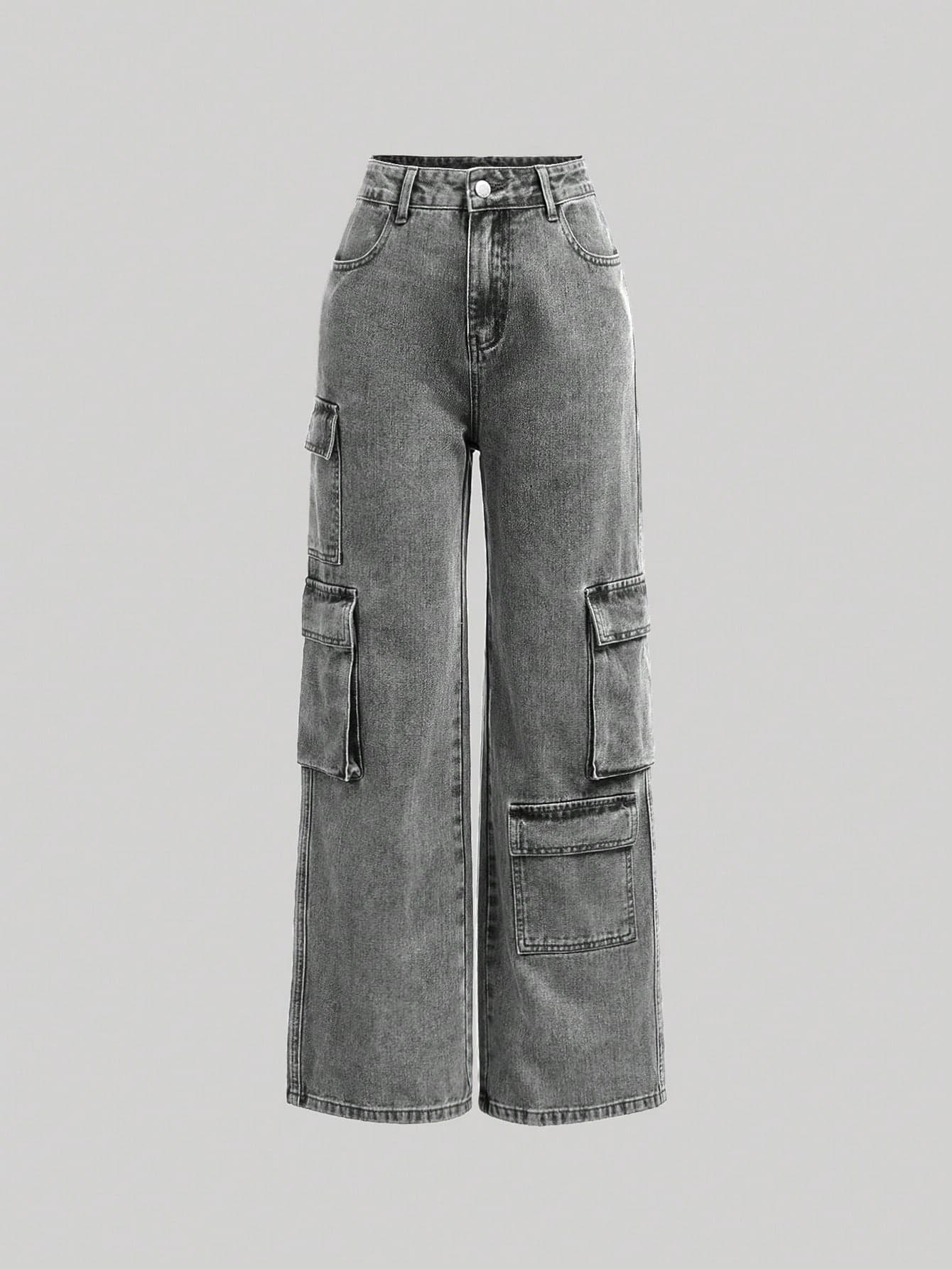 SHEIN Girlism Teenage Girls' Cargo Style Denim Trousers With Pockets