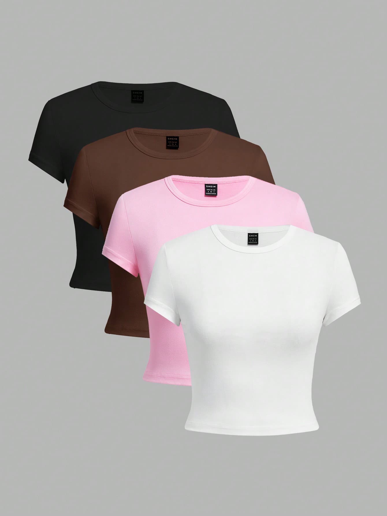 SHEIN EZwear 4pcs/Pack Women Summer Casual Round Neck Short Sleeve Fitted T-Shirts Suitable For Going Out