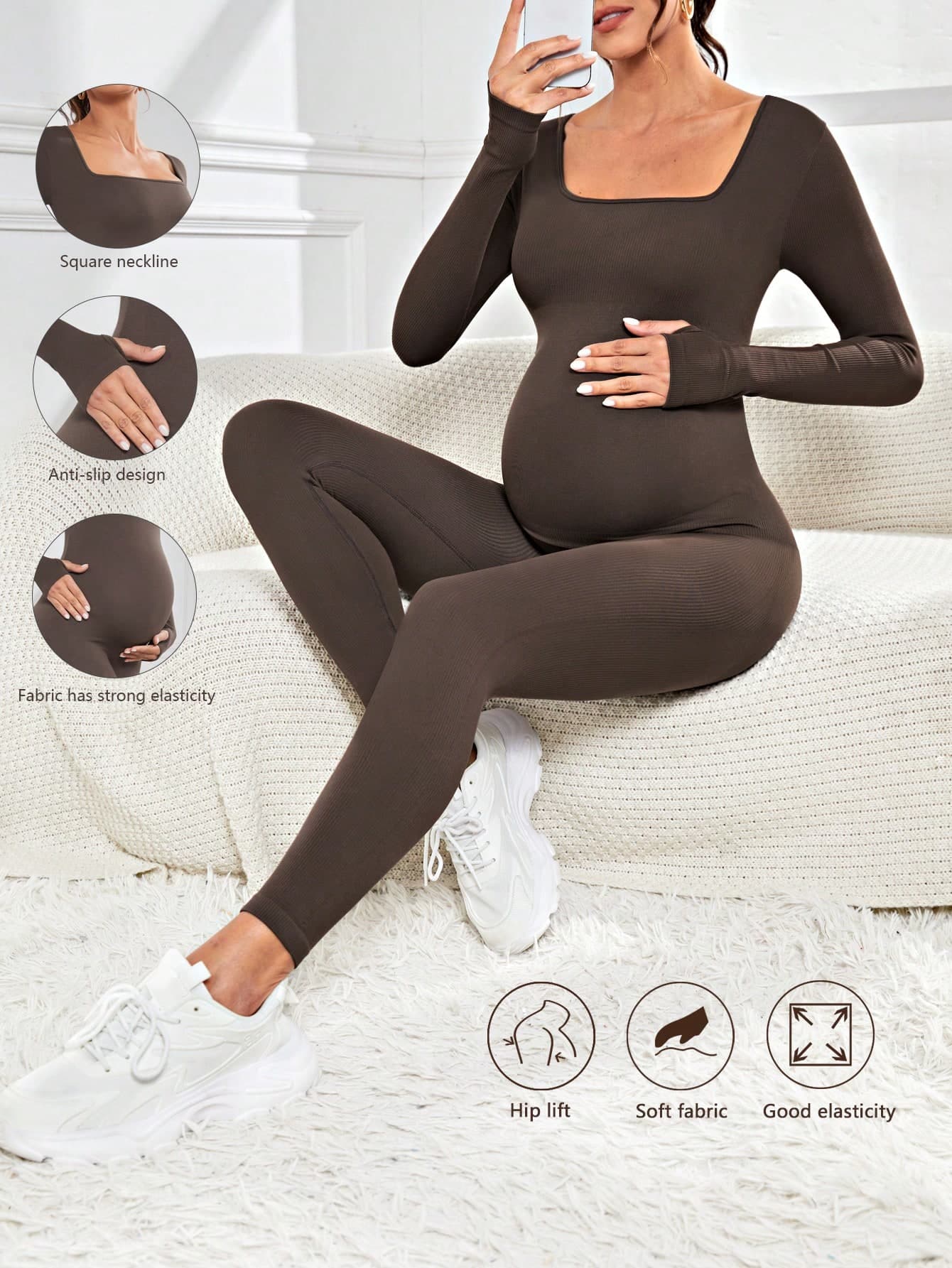 SHEIN Pregnant Women's Ribbed Round Neck Jumpsuit For Maternity With Long Sleeve Fall
