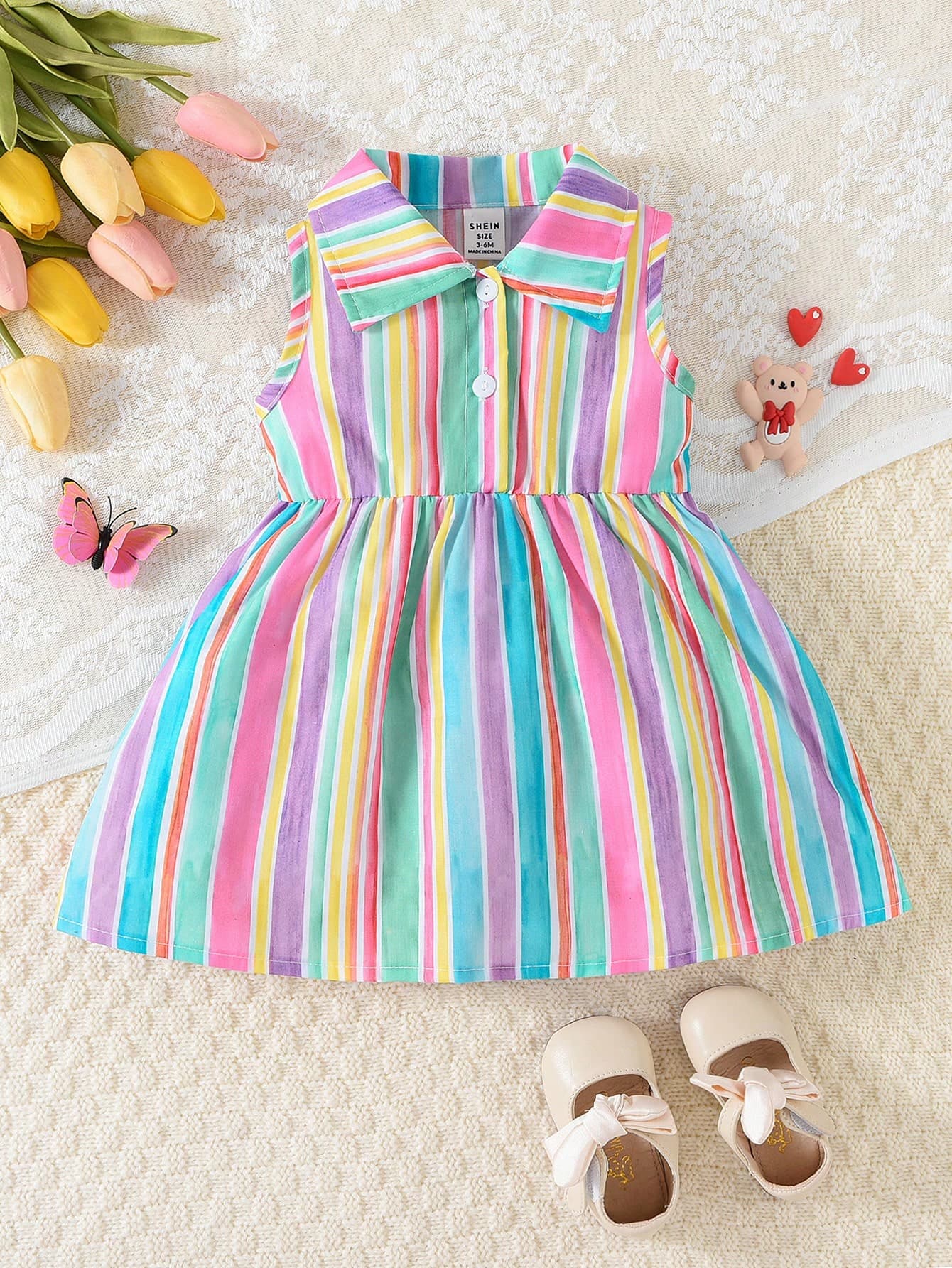 SHEIN Playful Pals Baby Girls' Striped Sleeveless Shirt Dress For Summer