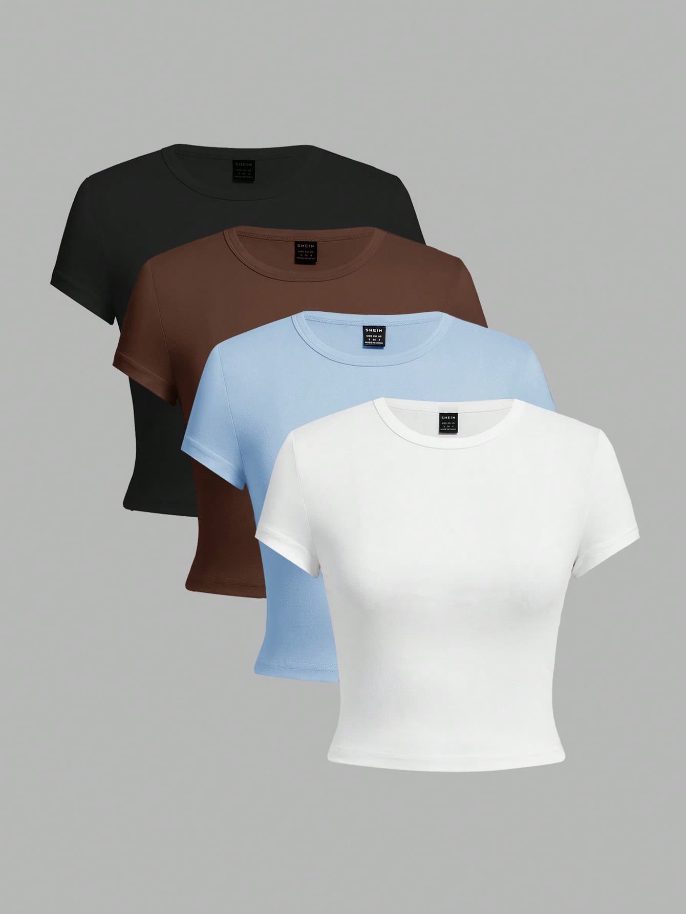 SHEIN EZwear 4pcs/Set Women's Casual Plain Cropped Round Neck Short Sleeve Fitted T-Shirts, Suitable For Summer Suitable For Going Out