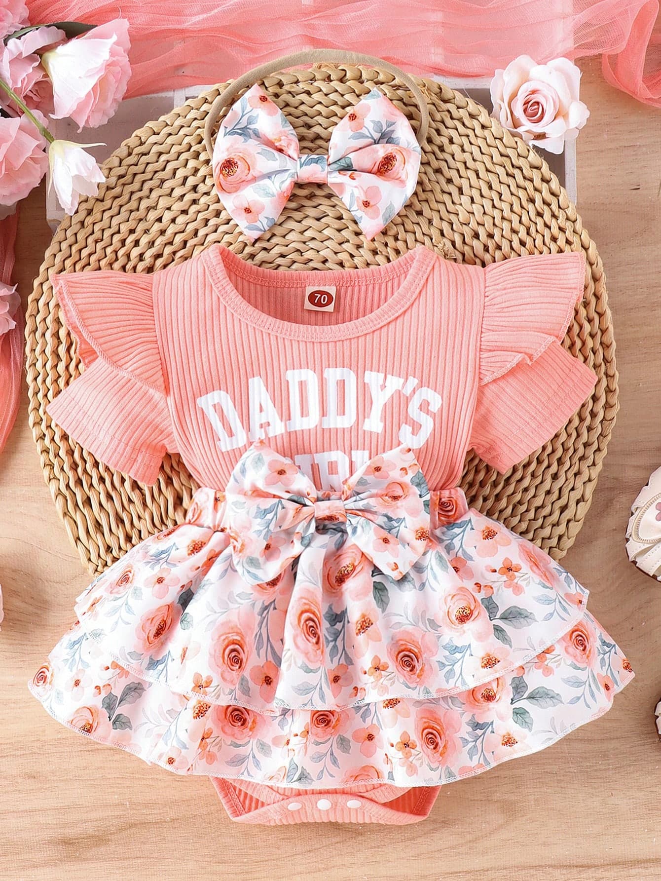 2pcs/Set Cute And Soft Baby Girl Dress With Letter Slogan And Floral Print Design, Solid Color Bodysuit And Hairband, Perfect For Casual, Daily, Vacation And Outdoor Activities