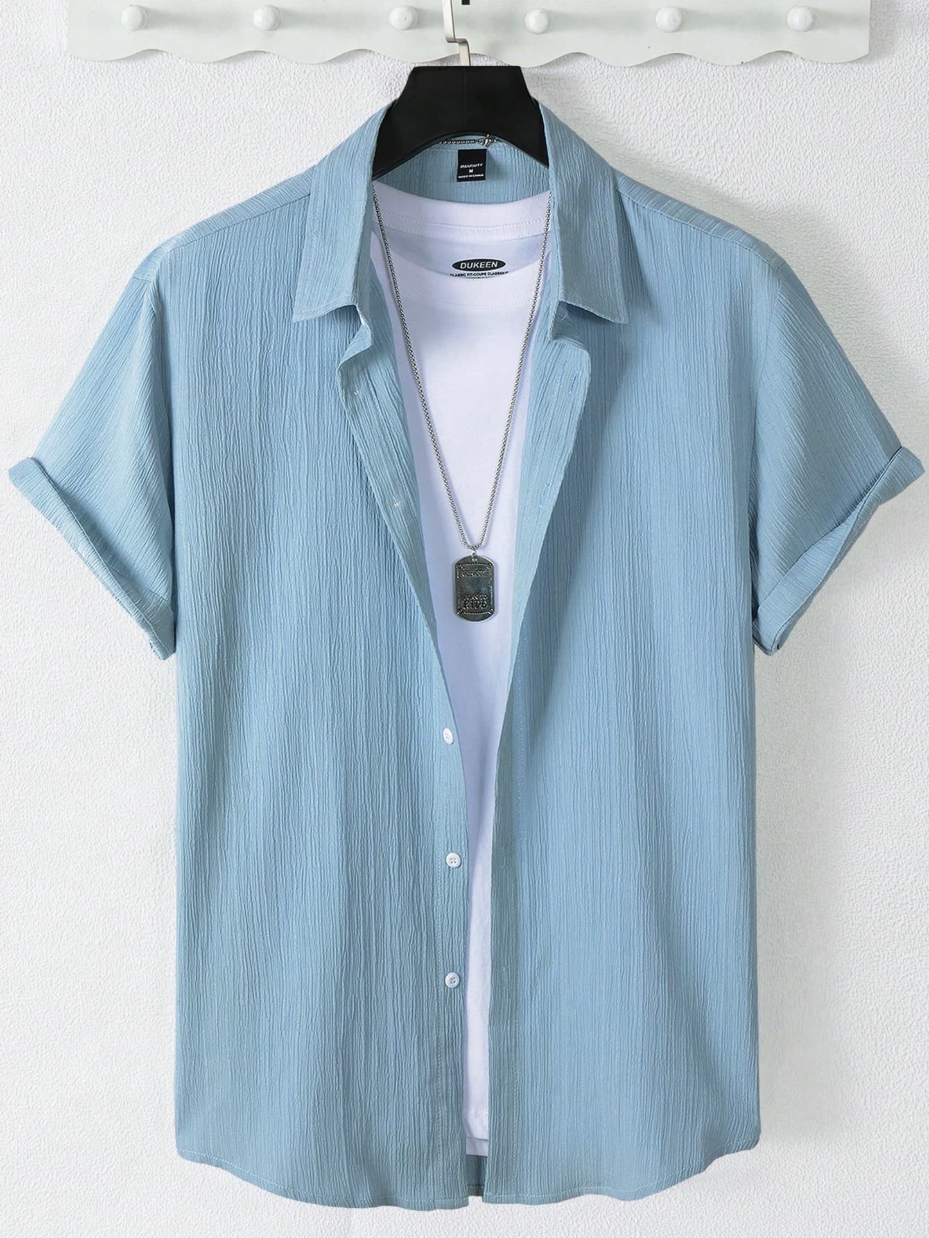 MENRIVO Men's Casual Solid Color Plain Short Sleeve Collar Shirt, For Going Out