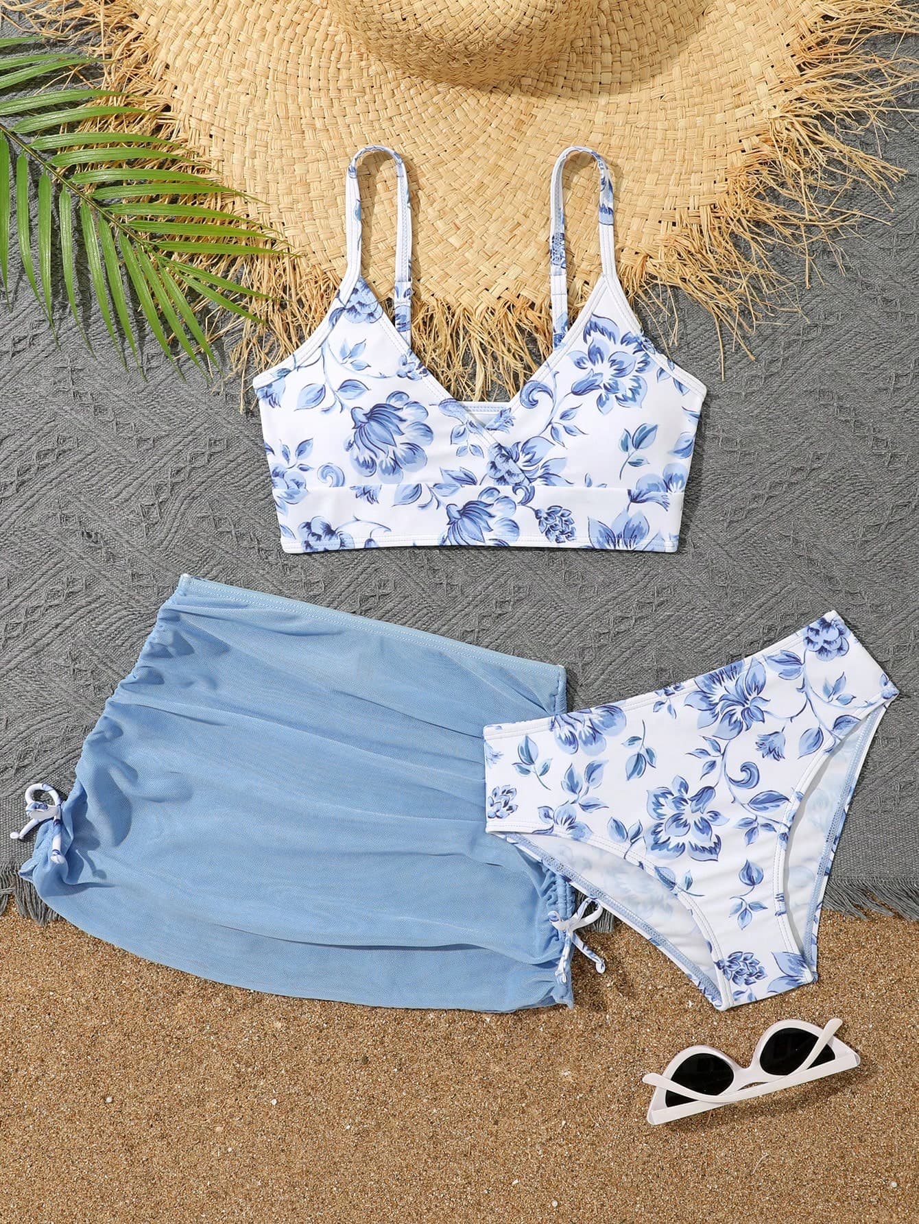 SHEIN Tween Girl Random Floral Print Bikini Set And Drawstring Side Bikini Set Skirt Summer Beach Kids Swimming ,Kids Beachwear Summer Holiday