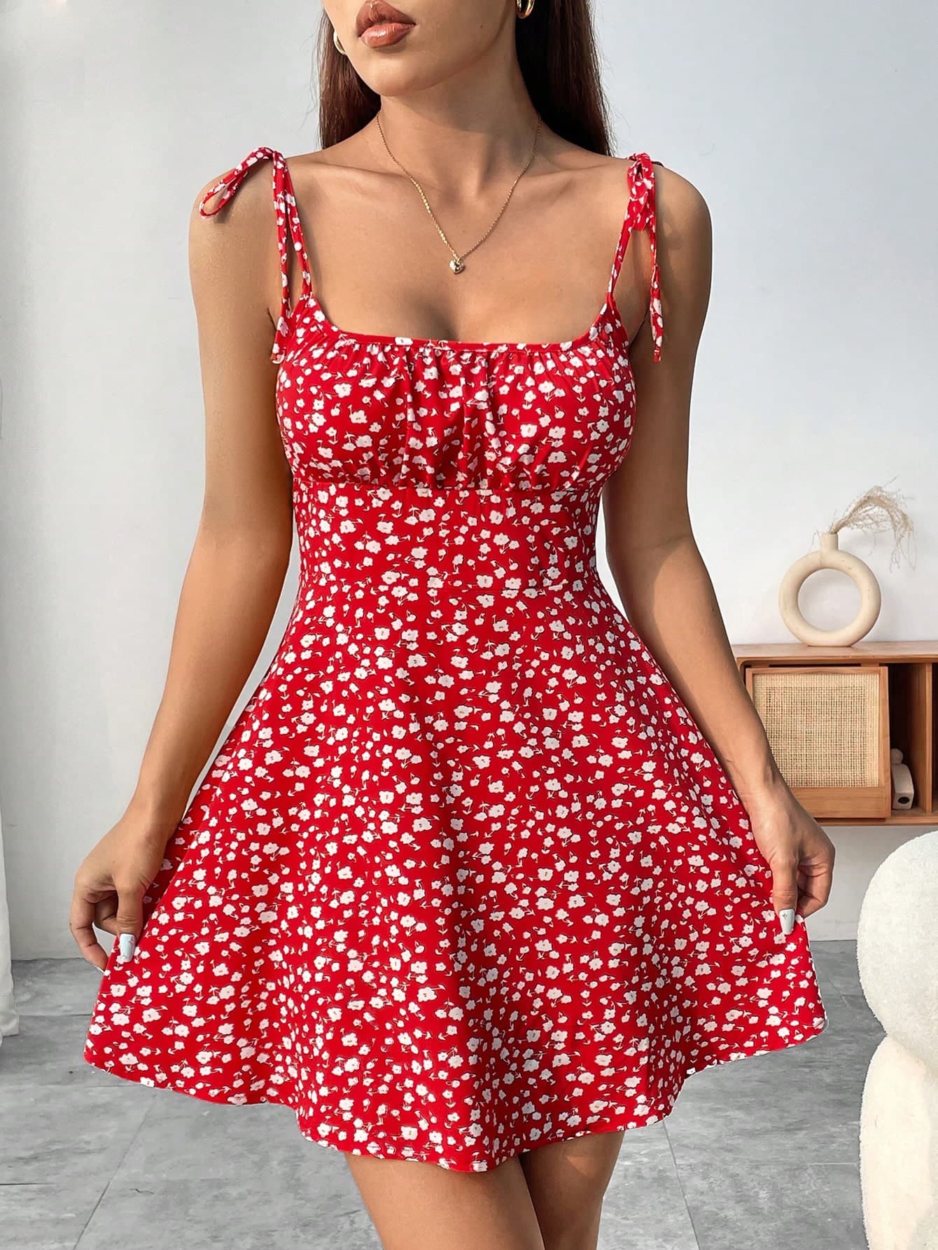 Breezaya Floral Print Pleated Bust Slip Dress For New Year Clothes Mini Short Women Outfit