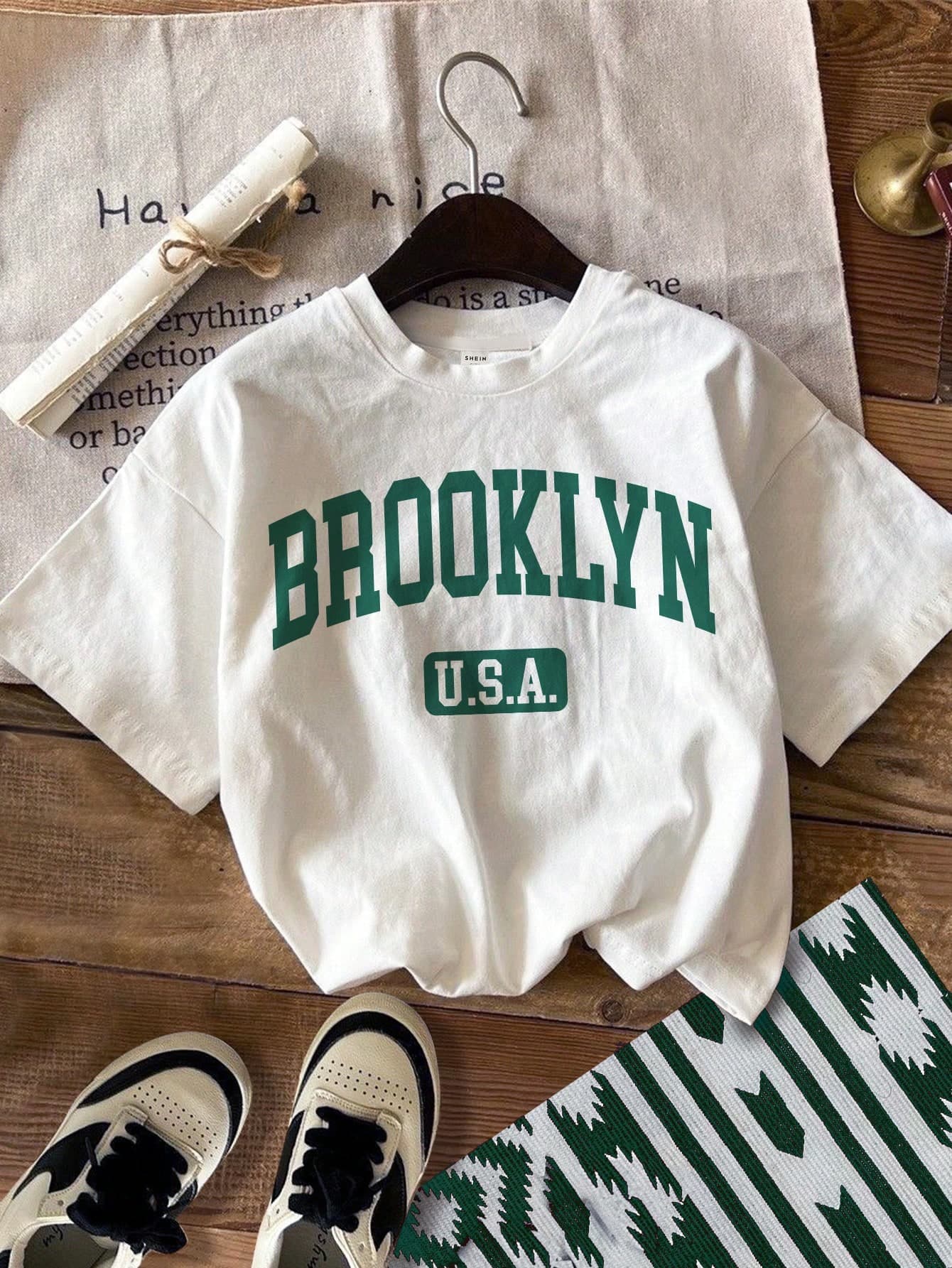 SHEIN Young Boy Casual Minimalist Letter Graphic Round Neck Short Sleeve T-Shirt, Cotton, Suitable For Summer Brooklyn Sweatshirtwhite Crop Top Kids